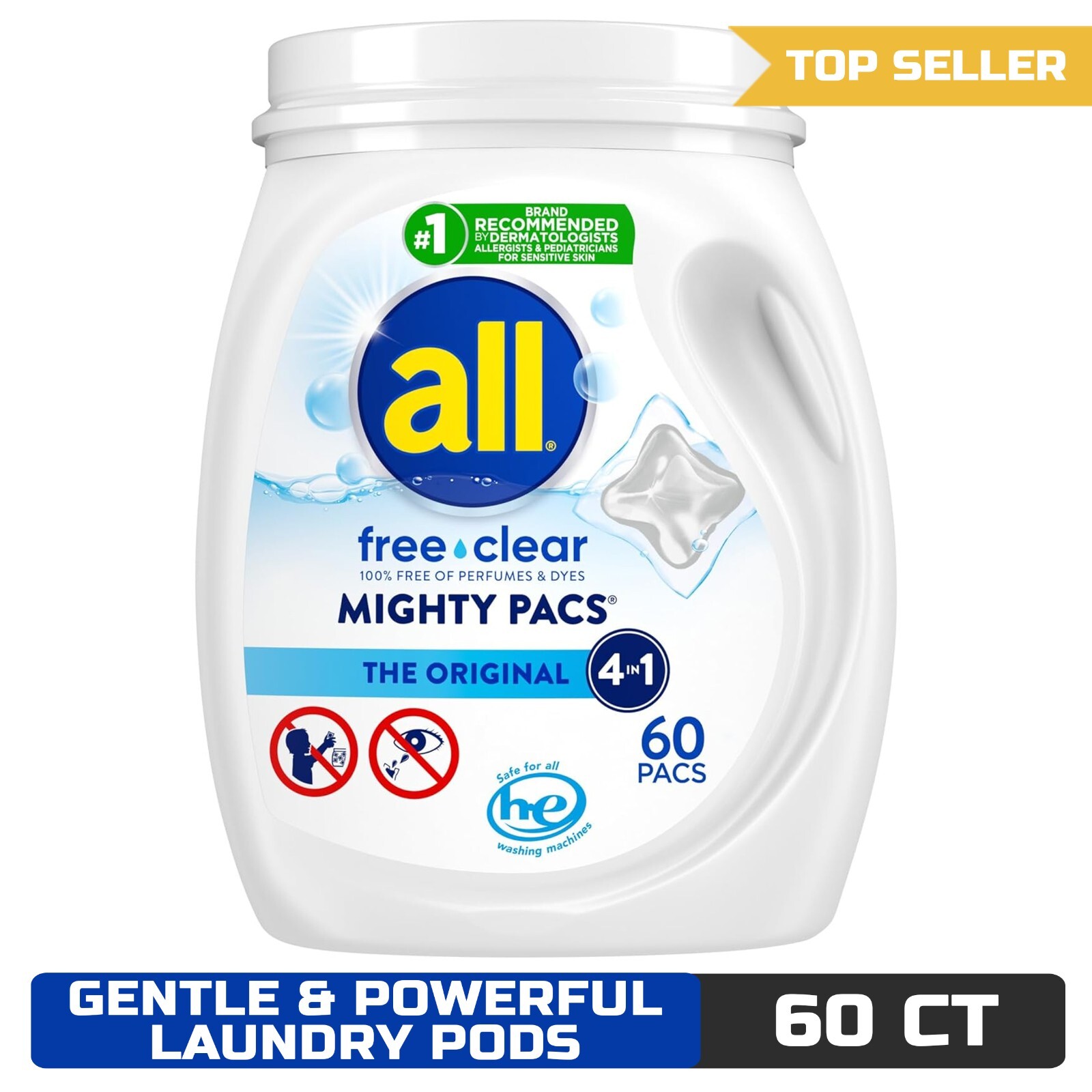 All Mighty Pacs Laundry Detergent Free Clear for Sensitive Skin Tub, 60 Count