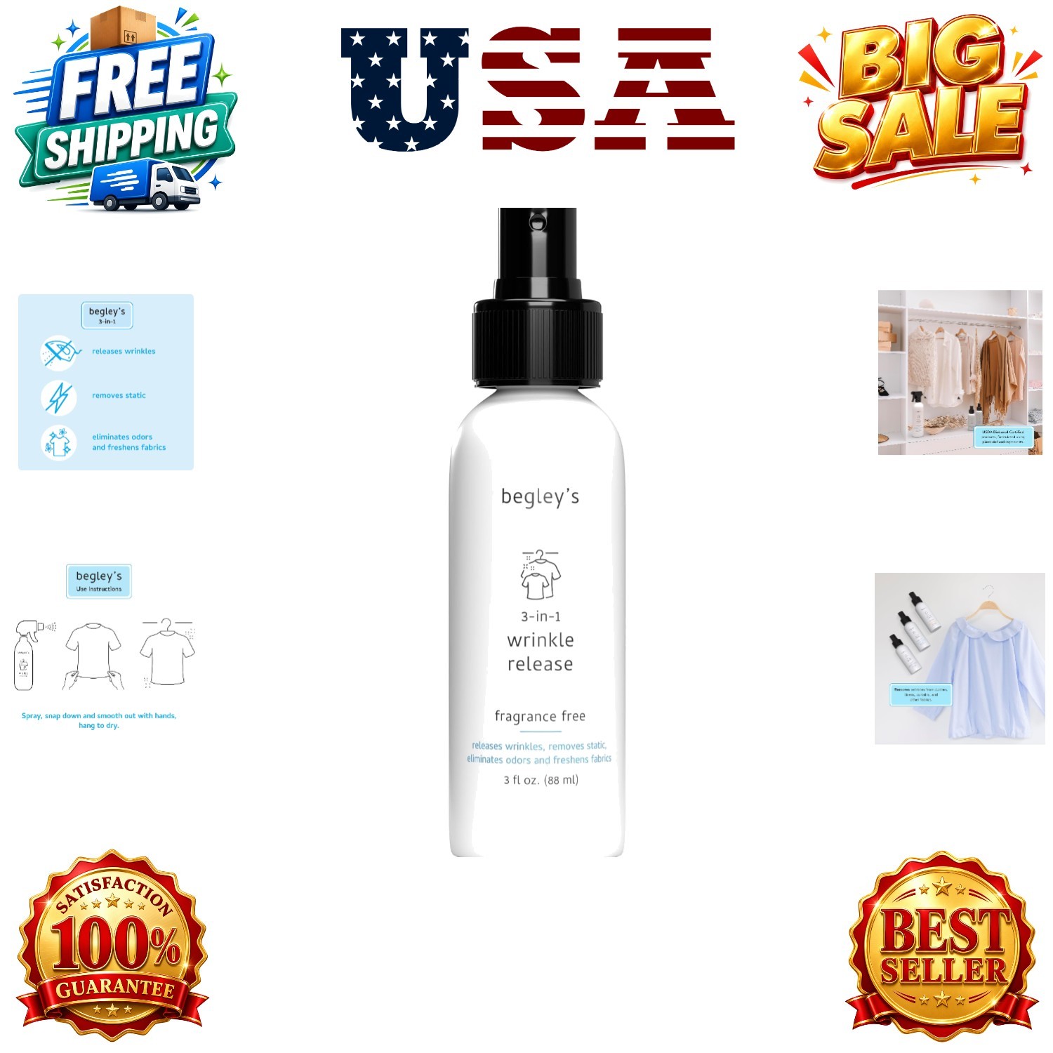 3-in-1 Wrinkle Remover, Quick Fix Wrinkle Release, Static Cling Remover, Odor…
