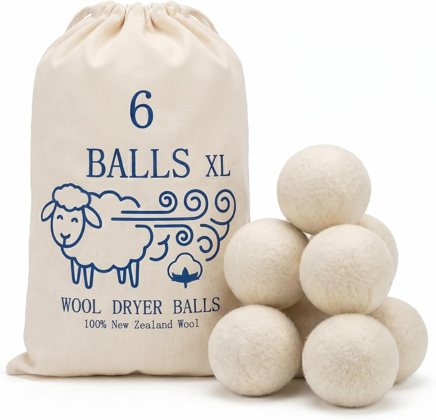 Premium XL Wool Dryer Balls 6 Pack – 100% Organic New Zealand Wool – Reusable Na