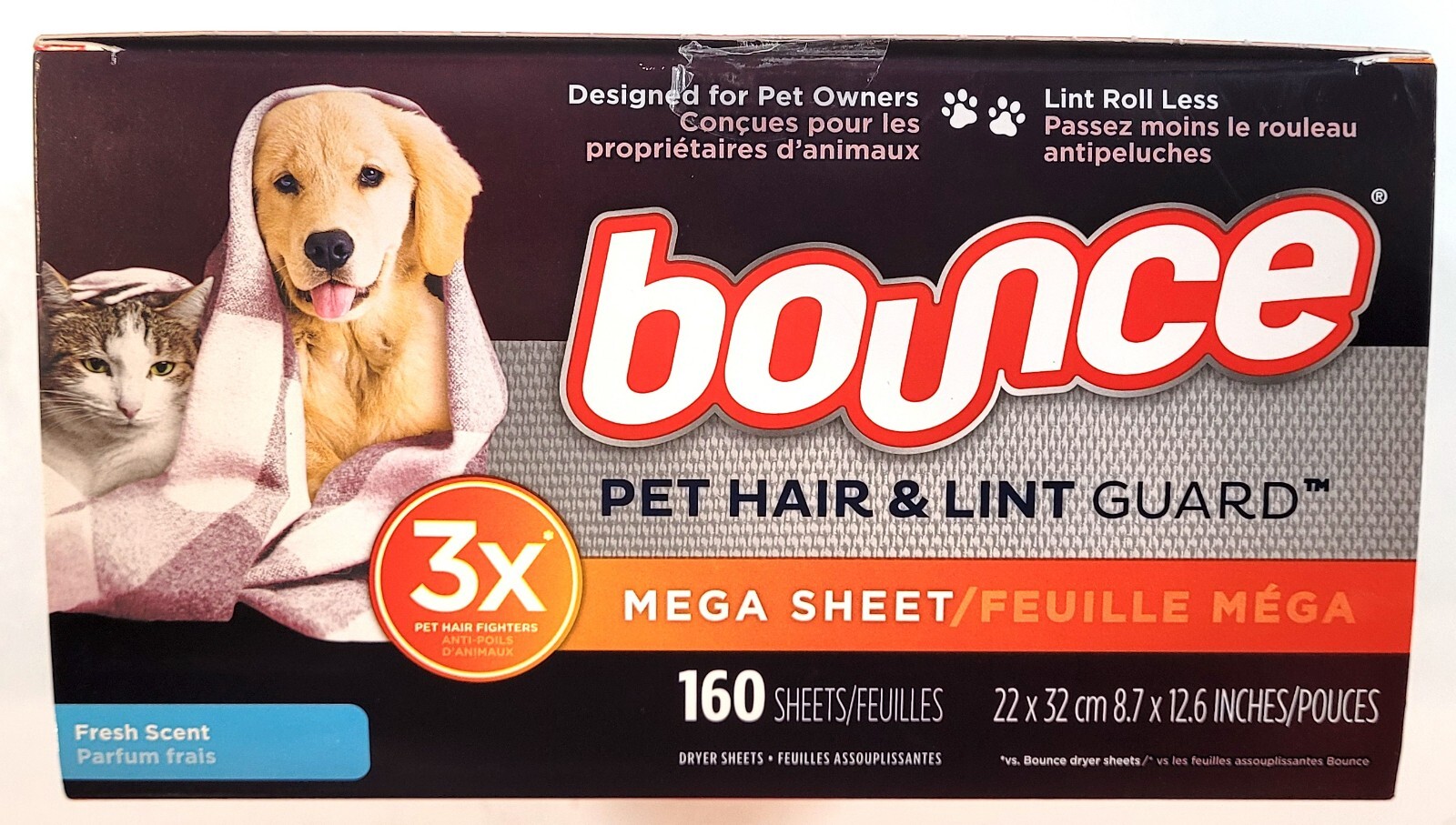 BOUNCE Pet Hair & Lint Guard MEGA Dryer Sheets – 3X Pet Hair Fighter ~ 160 Count