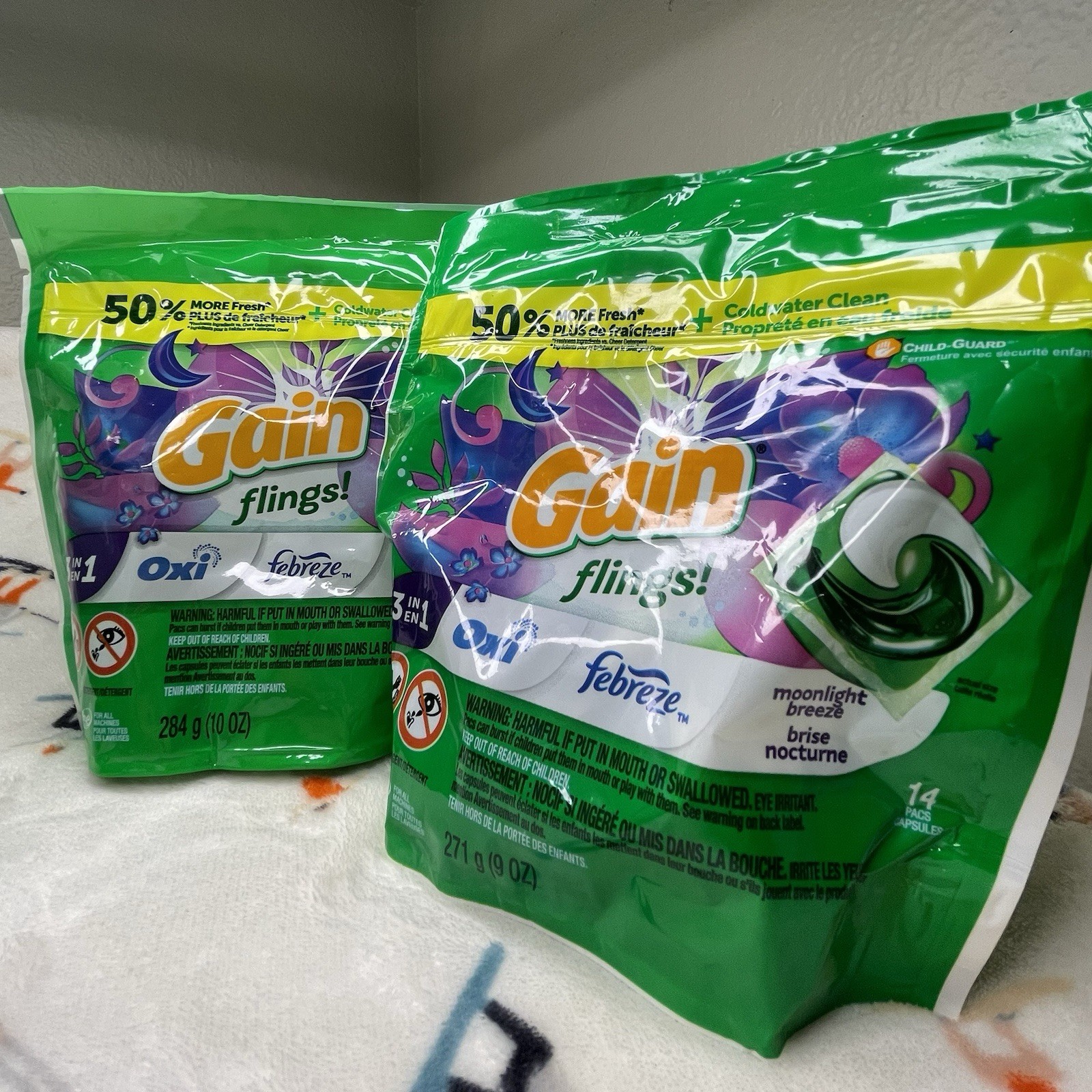 (7-PIECE) Gain + Febreeze Flings 76/cnt Laundry Bundle • Scent: Moonlight Breeze