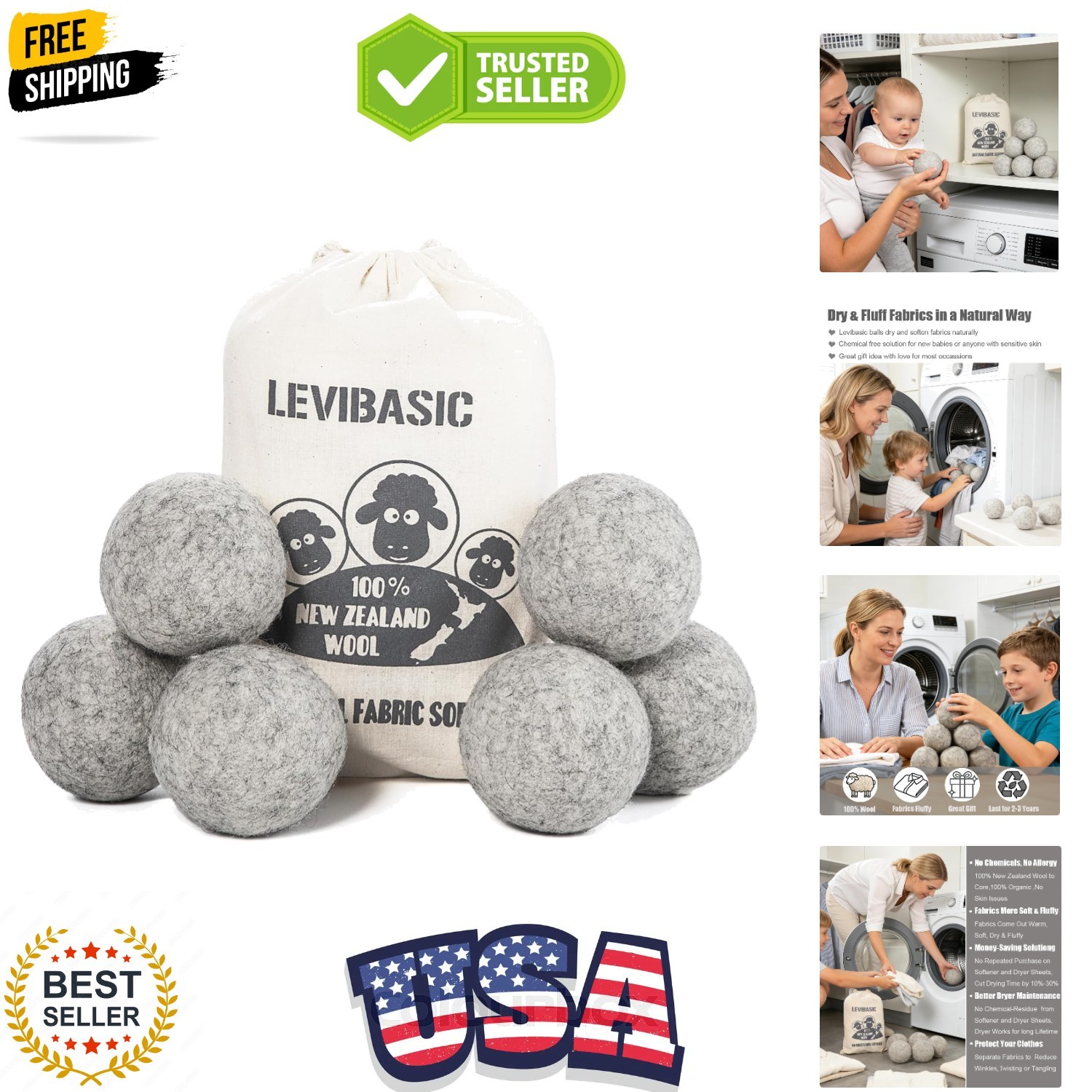 Wool Dryer Balls 6 Pack XL, 3″ Genuine New Zealand Wool to Core, 100% Organic…