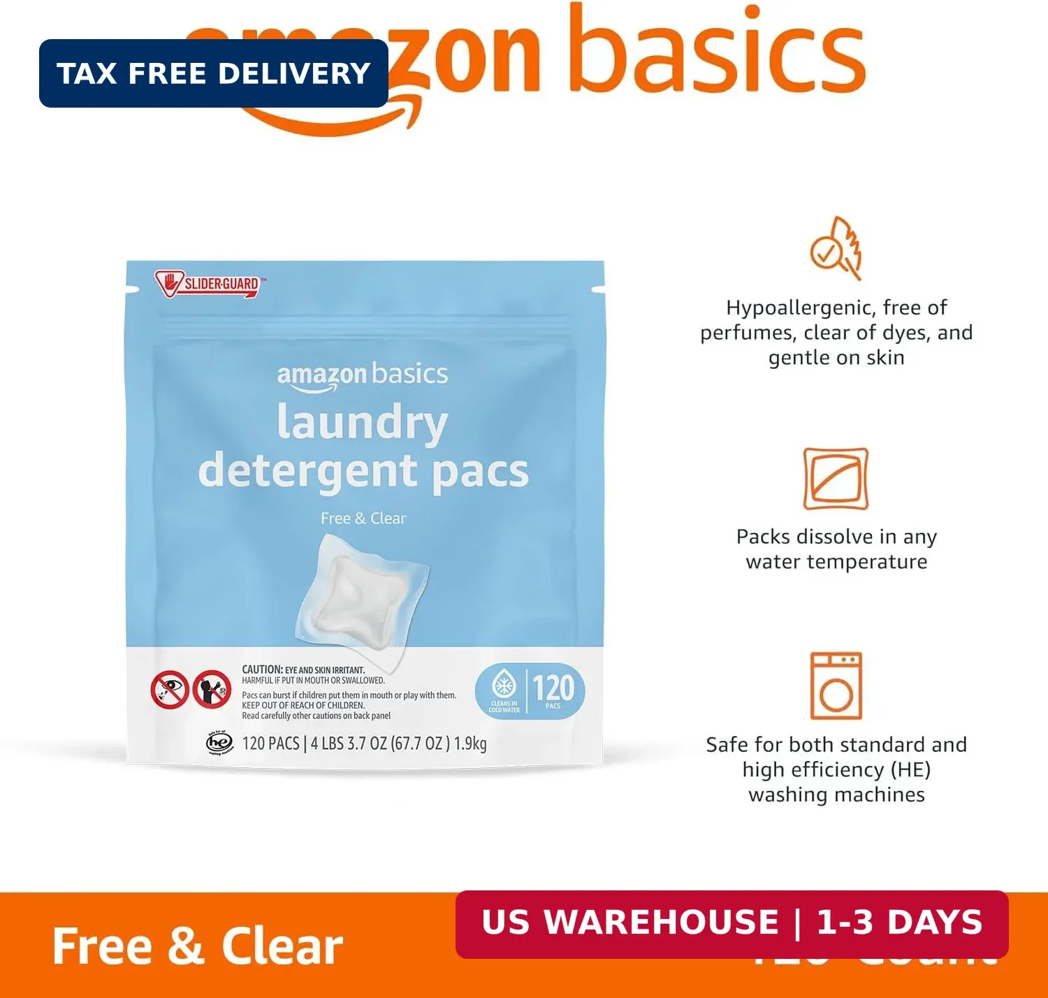 Amazon Basics Laundry Detergent Pacs, Free & Clear, Hypoallergenic, Fragrance Fr