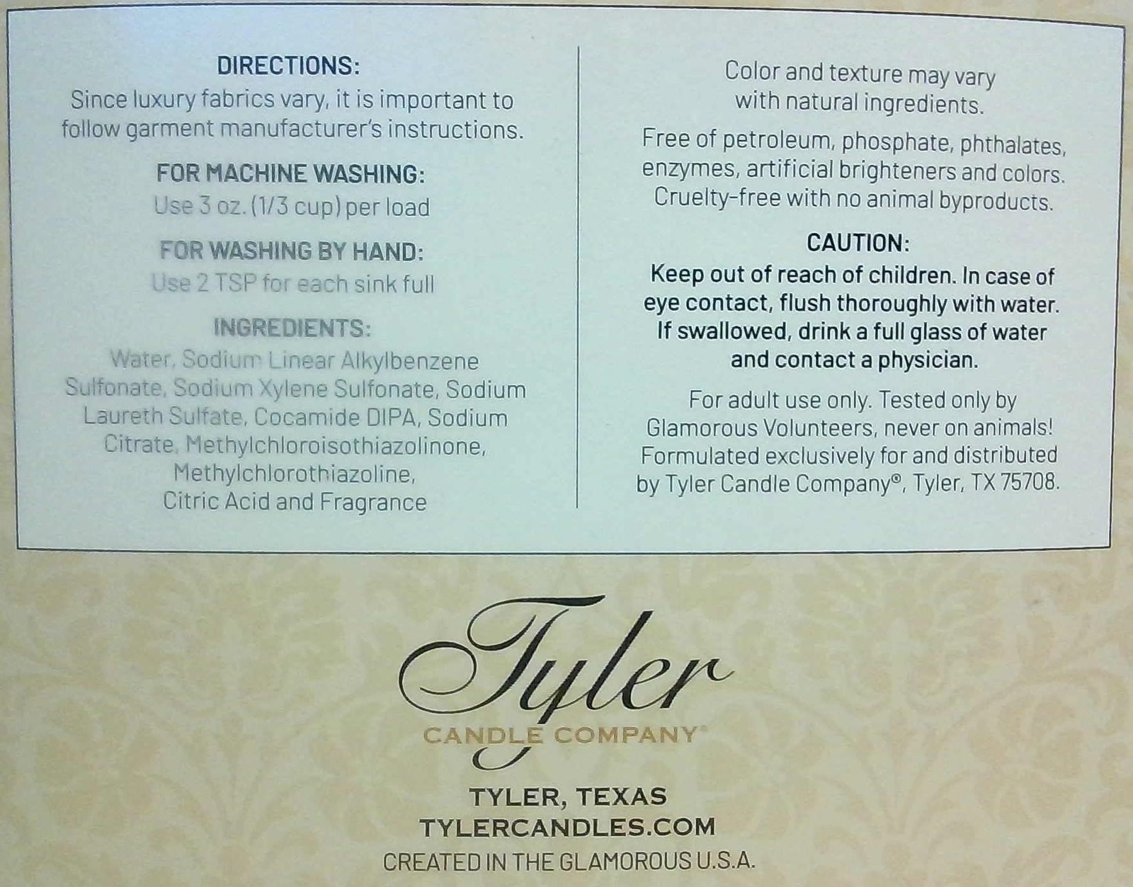 Tyler Candle Wash Diva 128 Fl Oz Laundry Detergent/w Dryer Sachet Single Pouc…