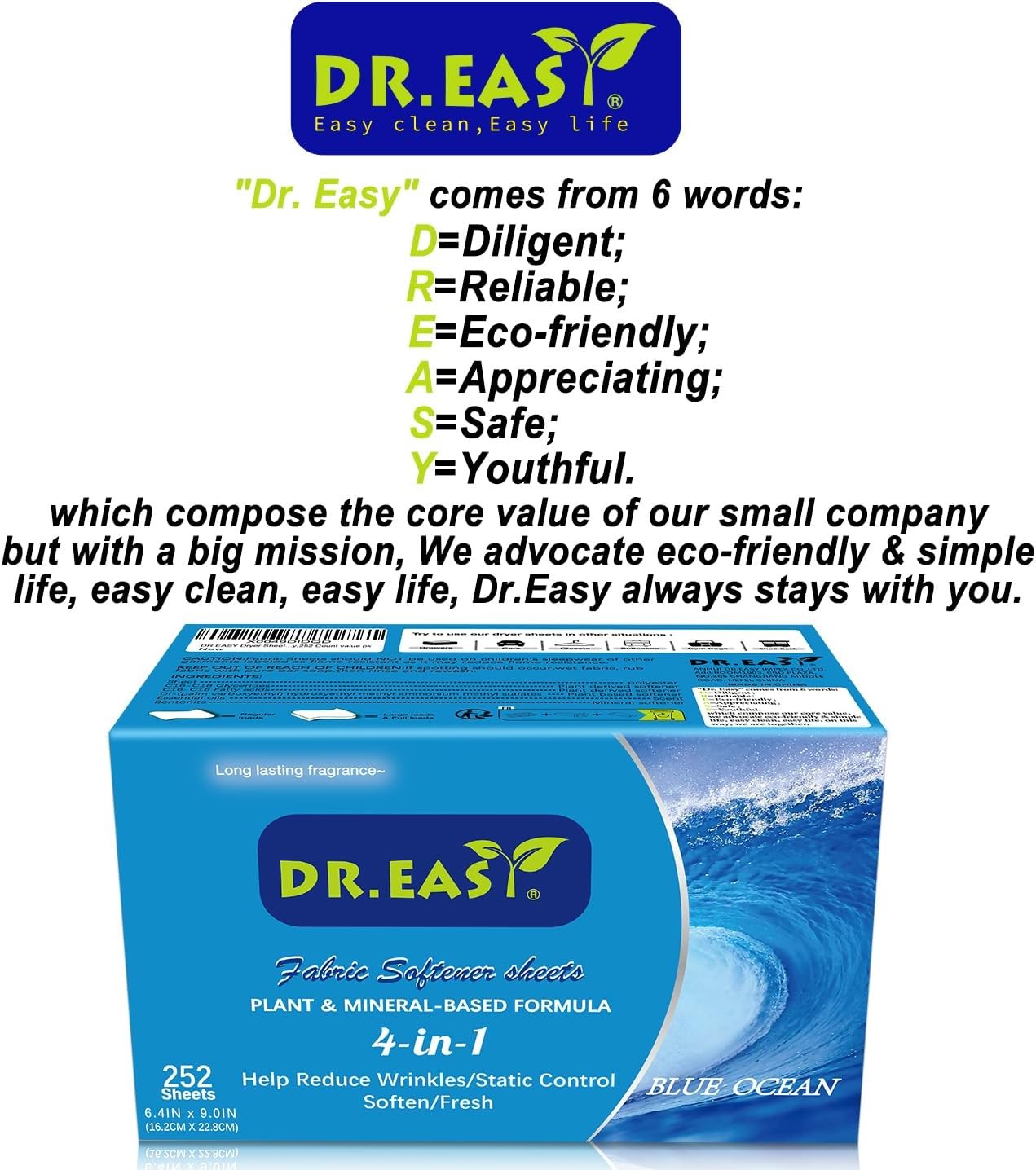 DR.EASY Dryer Sheets Plant Based Formula 252 Ct BLUE Ocean,Softener Sheets for L