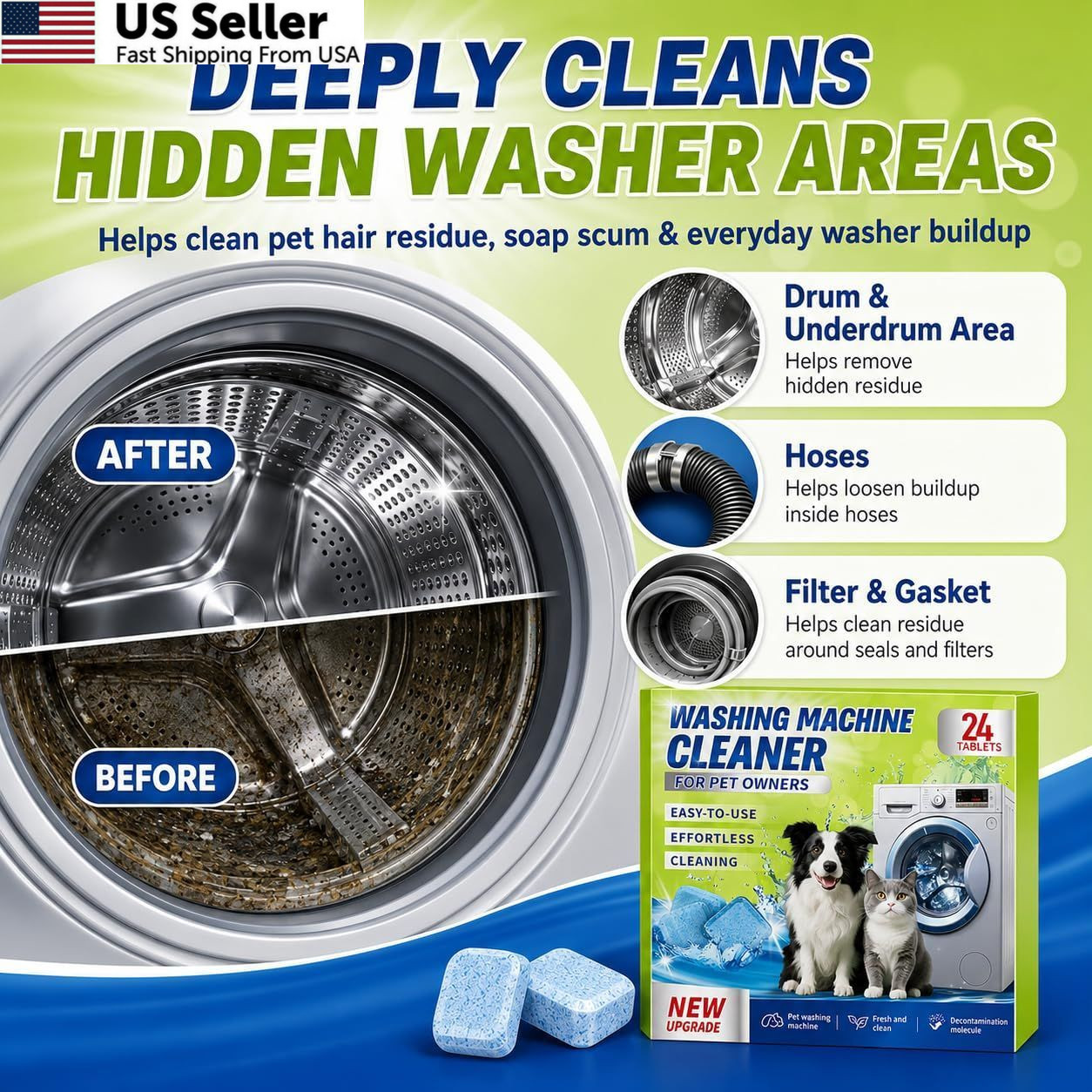 Enzyme Washing Machine Cleaner Tablets Pet Odor Hair Remover Front Top Load 24ct