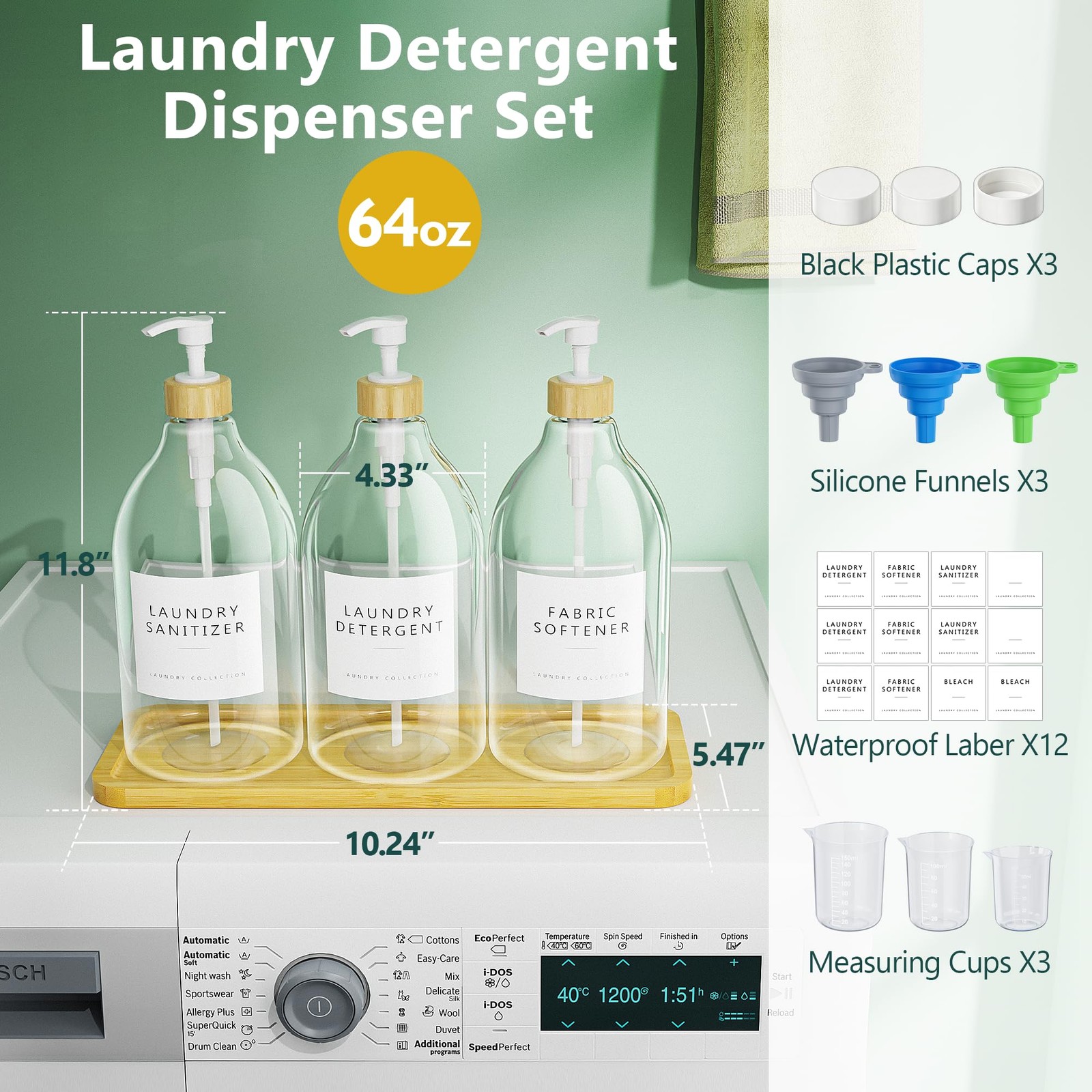 Moforoco 3 Pack White Liquid Laundry Detergent Dispenser with Bamboo Tray, 64…