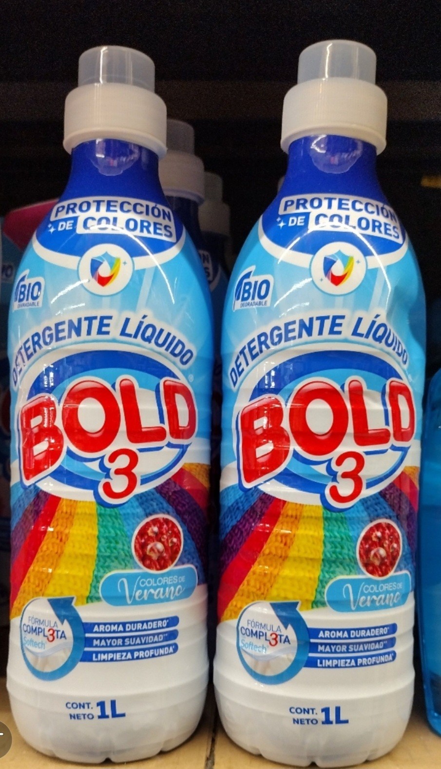 BOLD 3 LAUNDRY DETERGENT ( DETERGENTE LIQUIDO COLORES VERANO ) 2 OF 1 LITER EACH