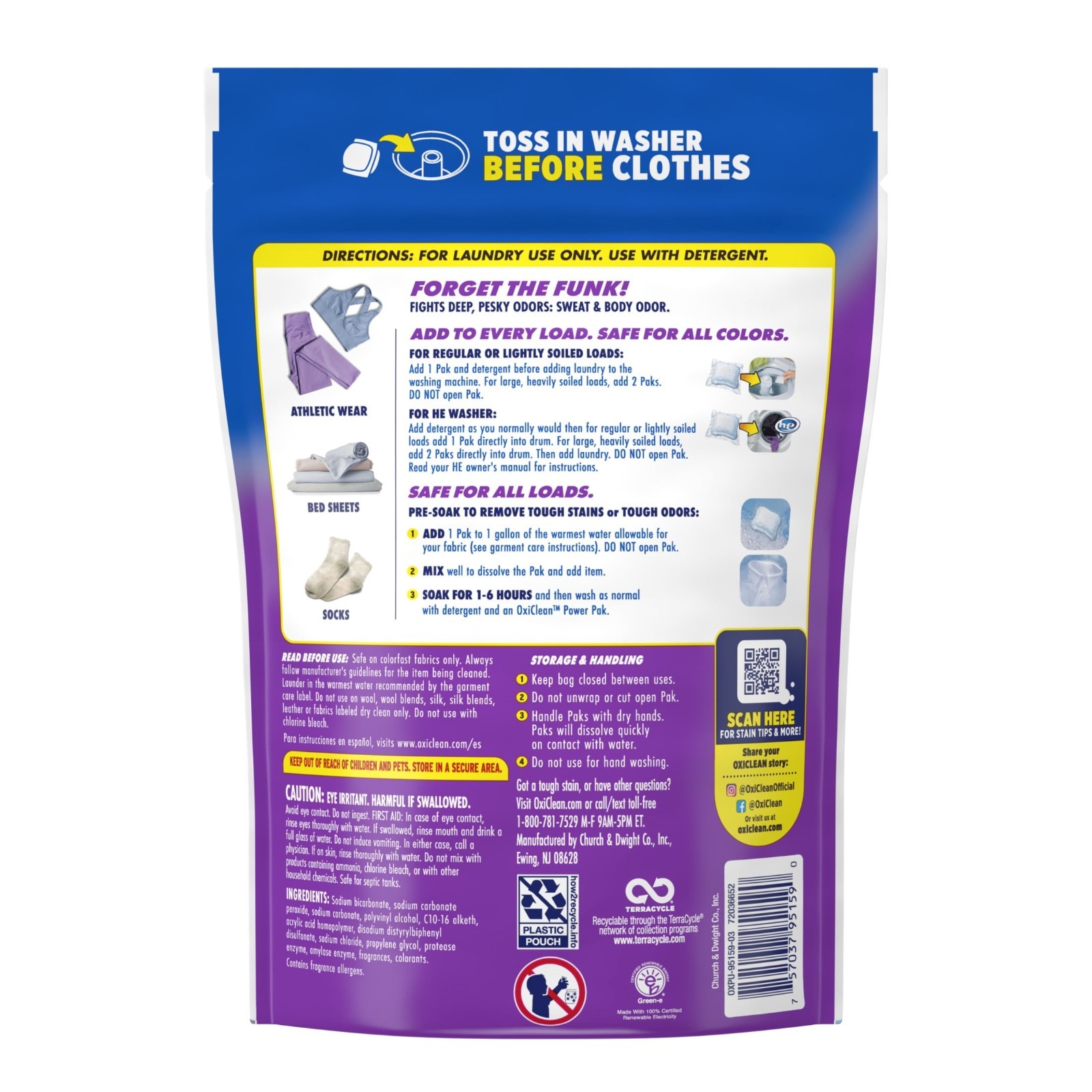 3 PK OxiClean Odor Blasters Laundry Stain Remover Power Paks, 24 Ct, Booster Pod