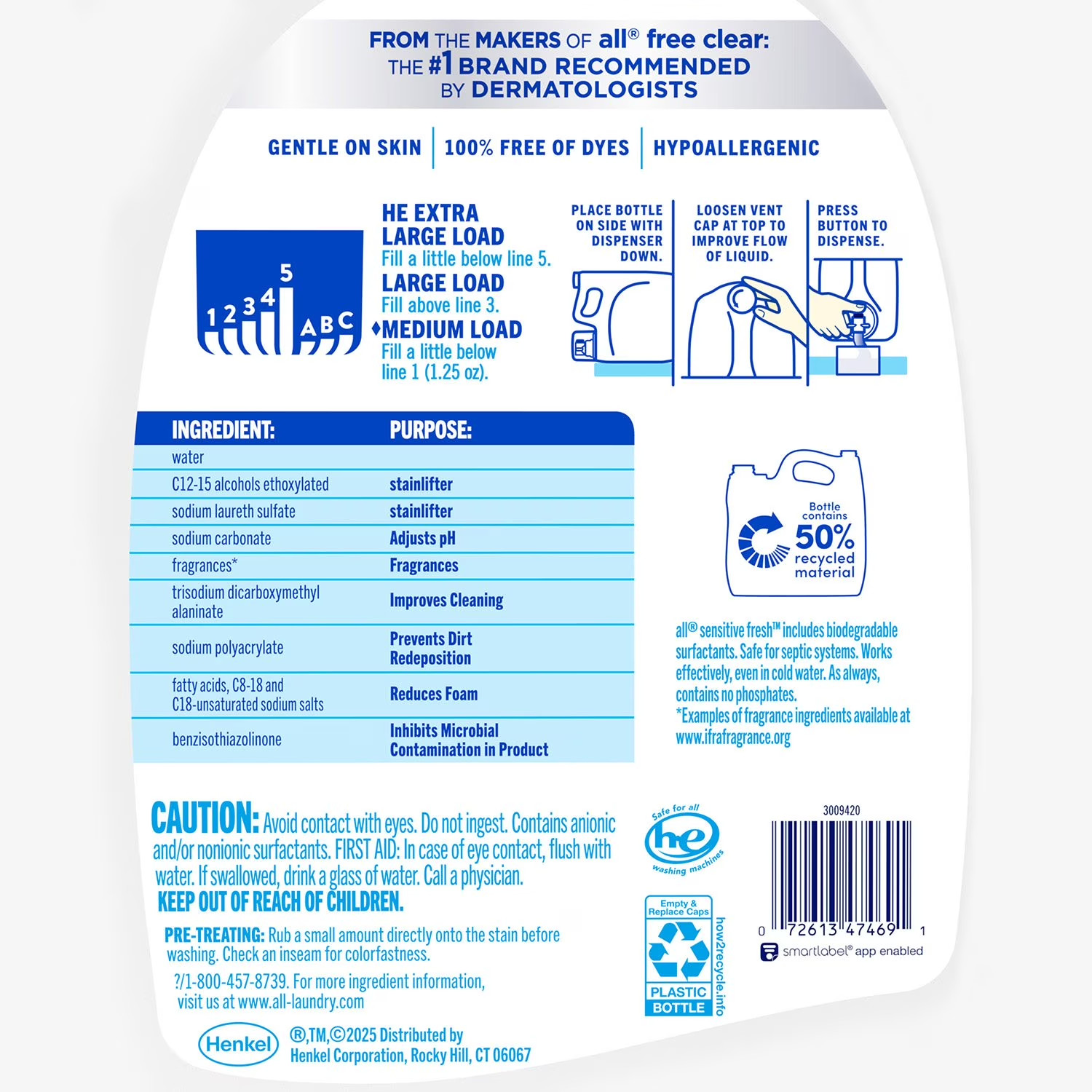 All Sensitive Fresh Liquid Laundry Detergent 208 fl oz 166 Loads Hypoallergenic