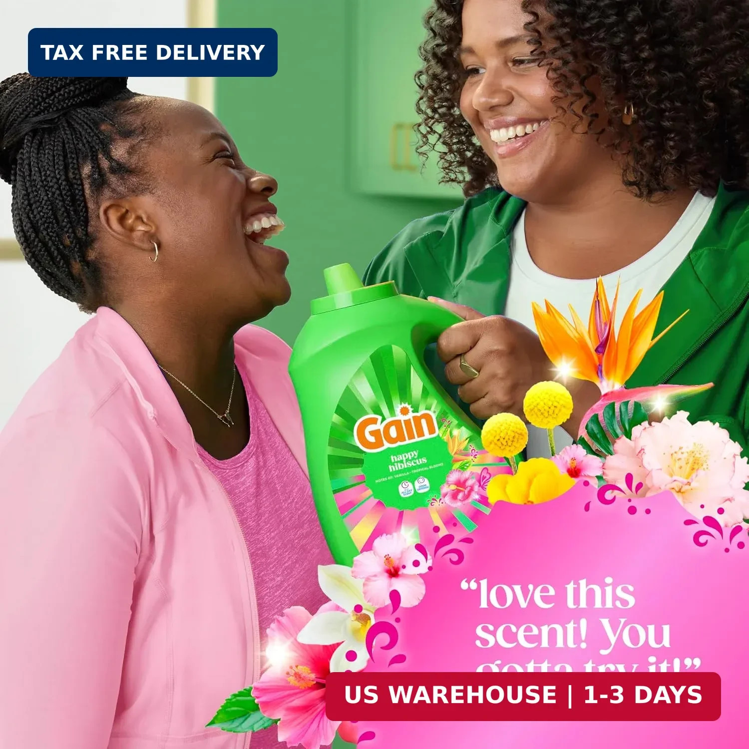 Gain Liquid Laundry Detergent, With Odor Defense, Happy Hibiscus Scent, Laundry