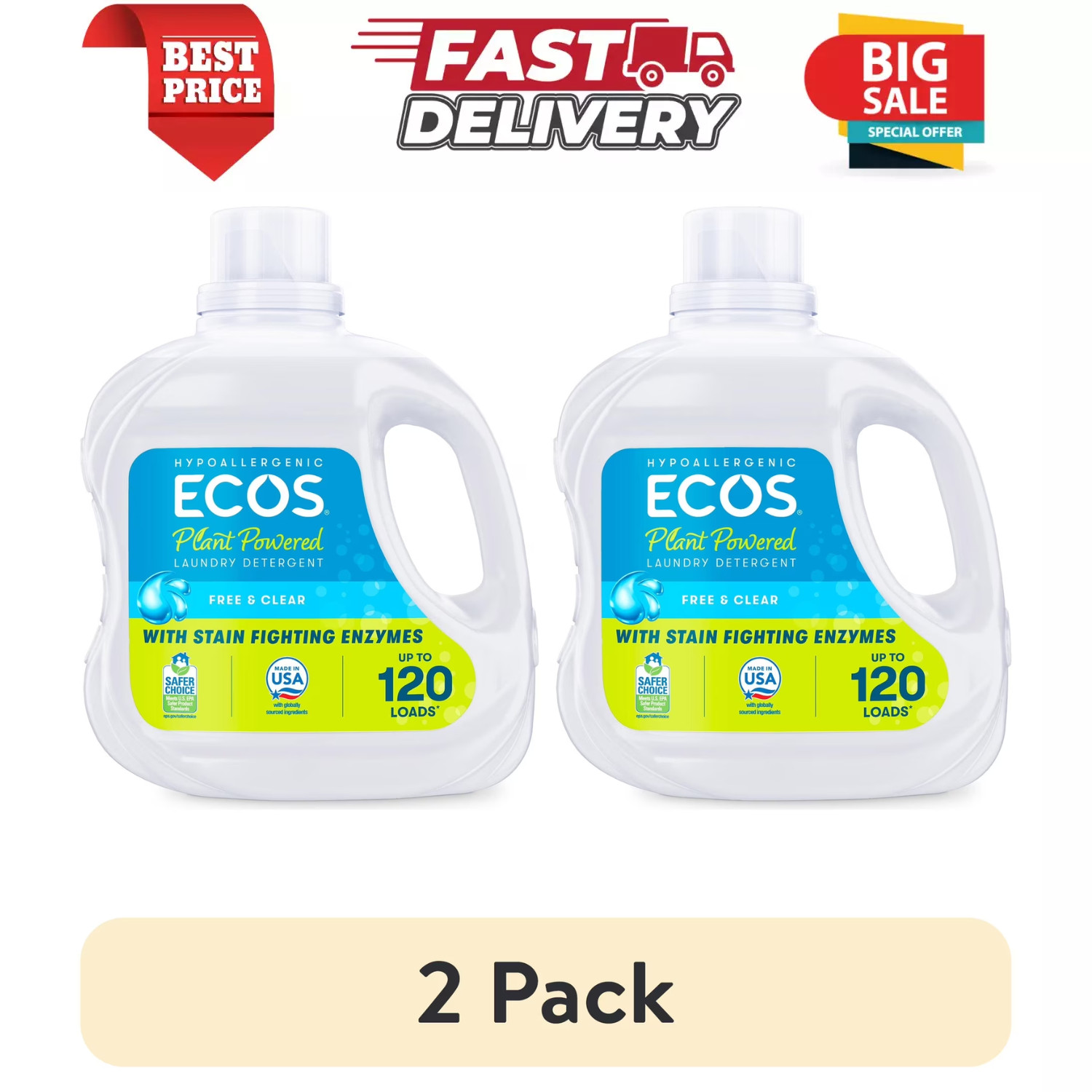 2PK ECOS Plus Liquid Laundry Detergent Free Clear 120 Loads 110oz Stain Fighting