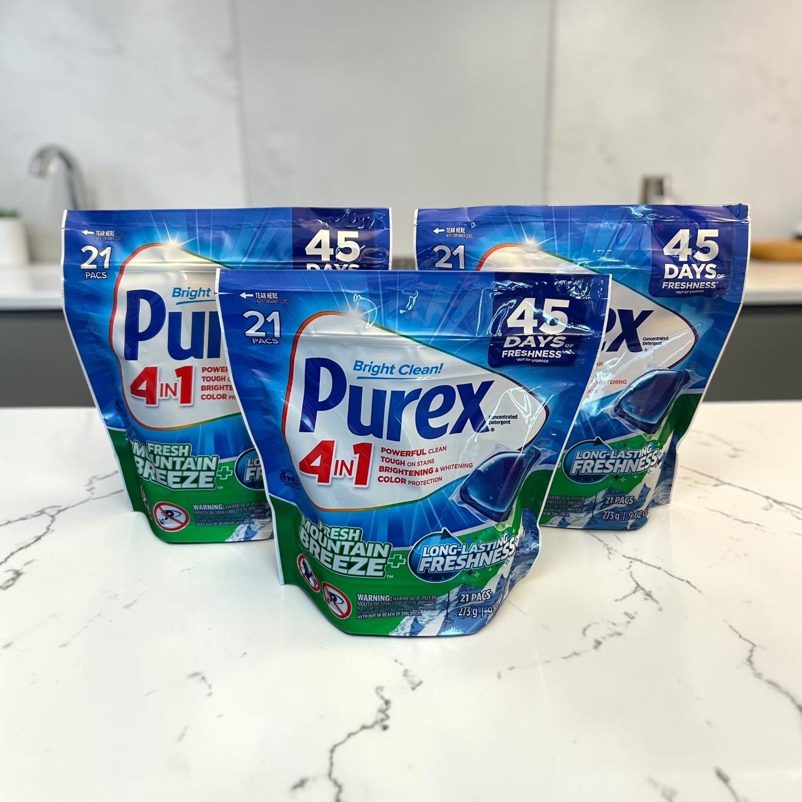 Lot of 3 Purex 4 in 1 Laundry Detergent Pacs Fresh Mountain Breeze 63 Total Pacs