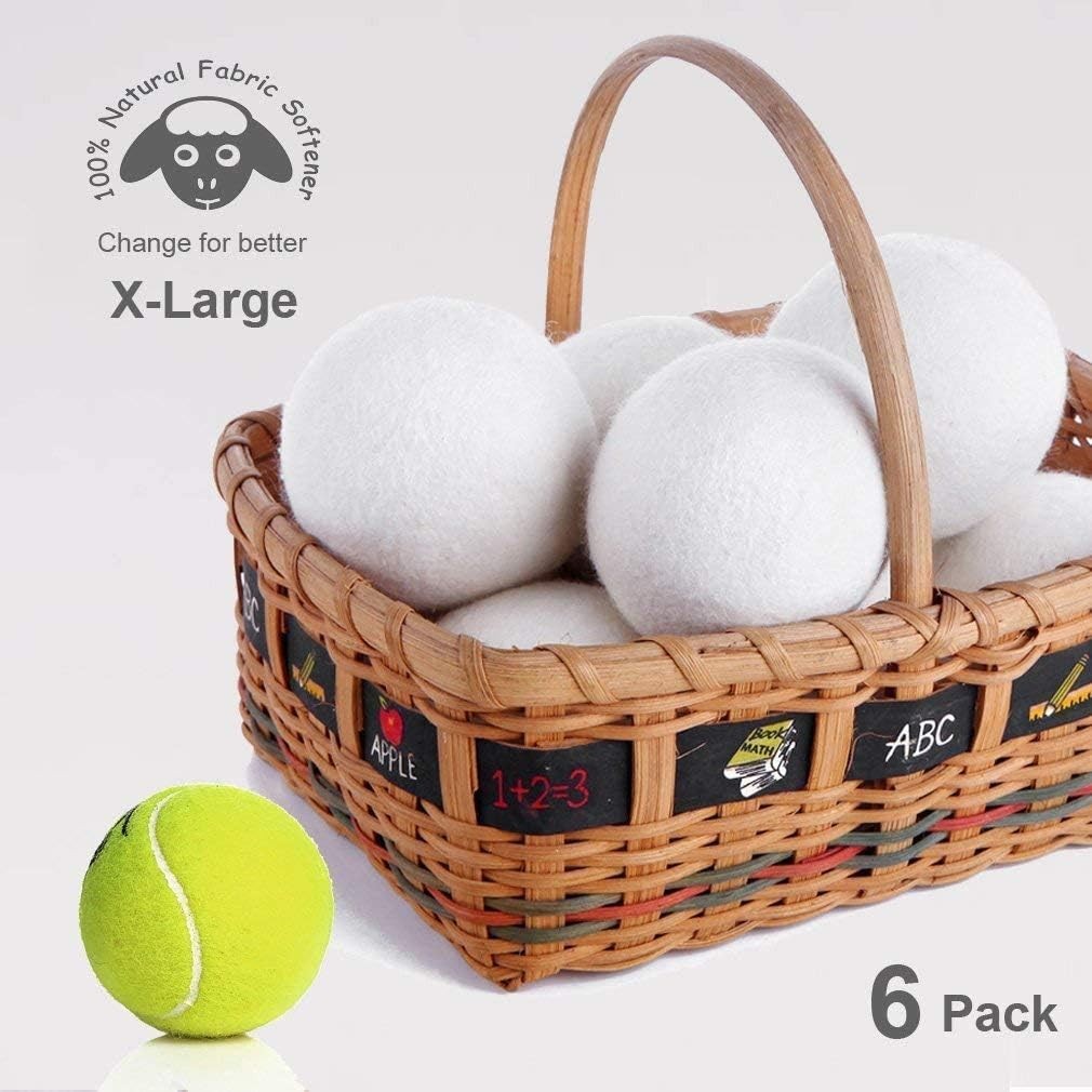 Budieggs Wool Dryer Balls Organic XL 6-Pack, 100% New Zealand Wool Chemical Free