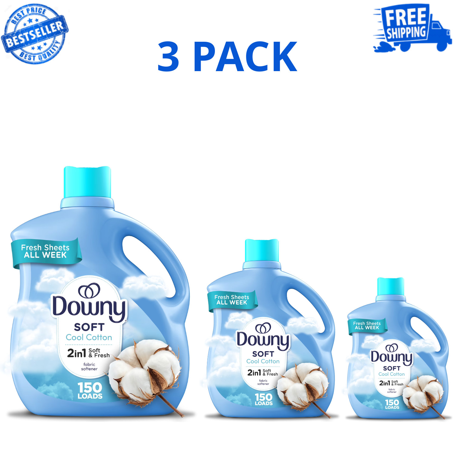 Downy Liquid Fabric Softener, Cool Cotton Scent, 111 fl oz, 150 Loads, 3 Pack