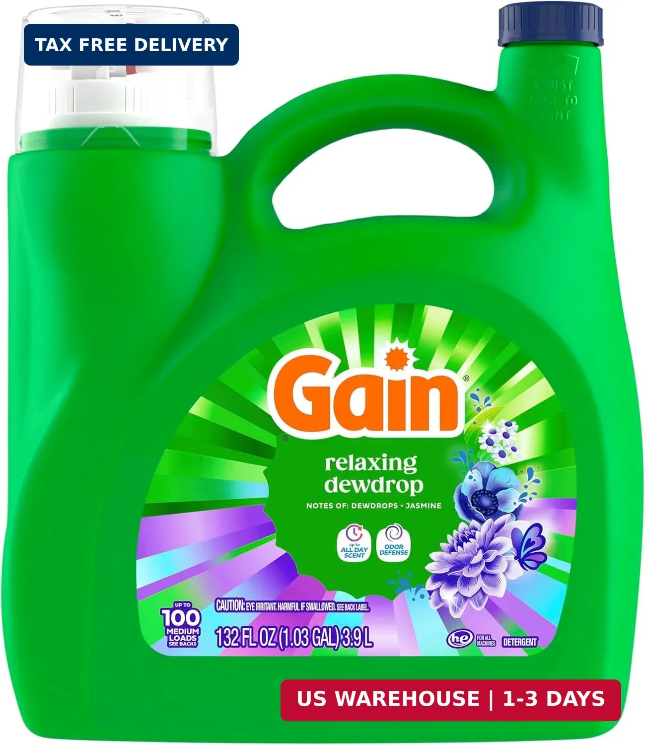 Gain Liquid Laundry Detergent, Now with Odor Defense, Relaxing Dewdrop Scent, 13