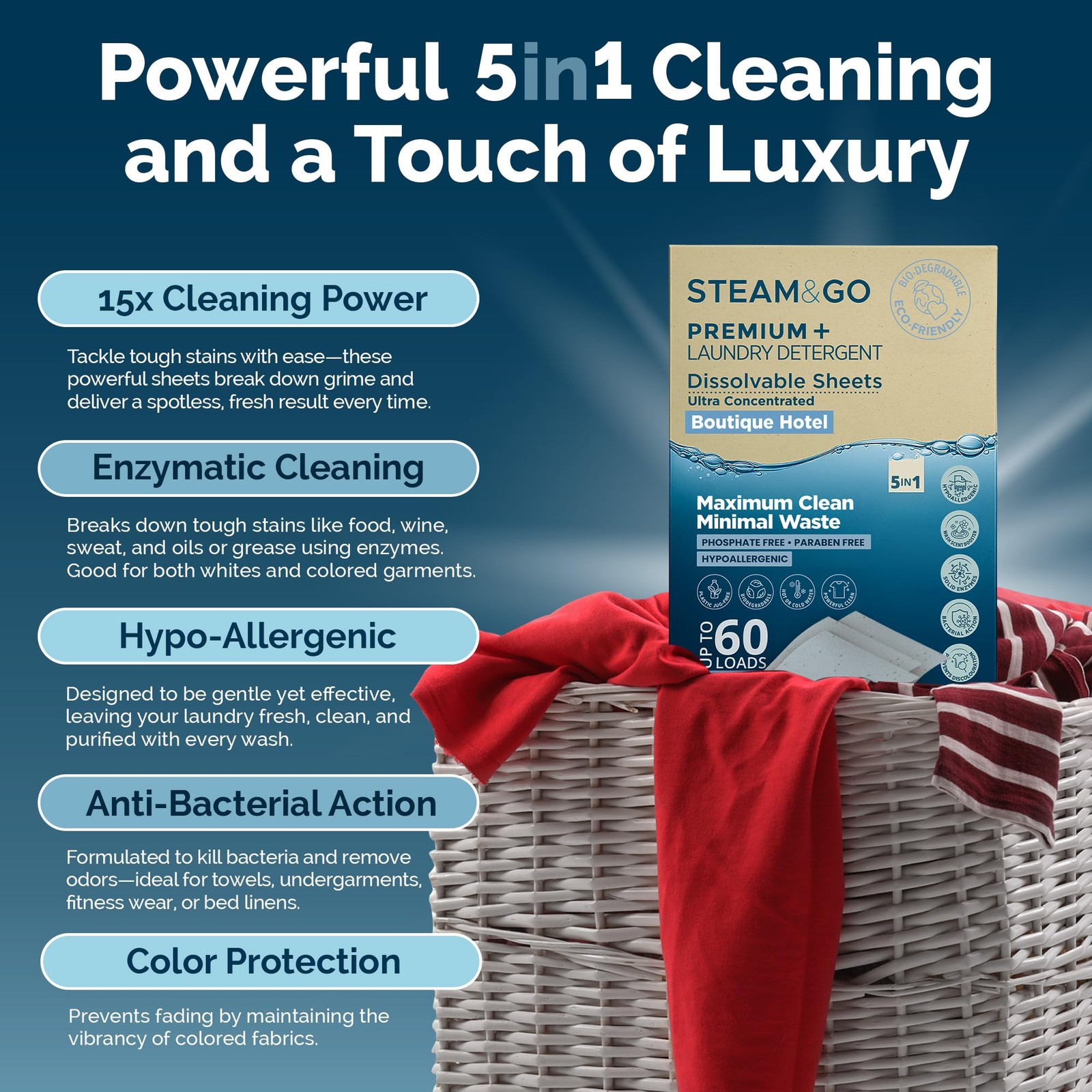 30 PCS Steam Go 5in1 Dissolvable Laundry Detergent Sheet Hotel Scent