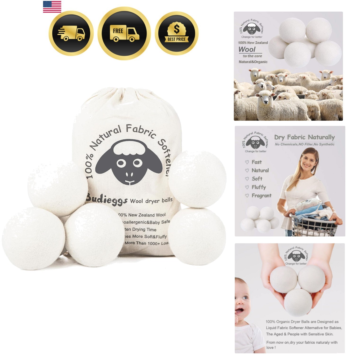 Organic Wool Dryer Balls 6 Pack Hypoallergenic Fluffy Fabric Softener