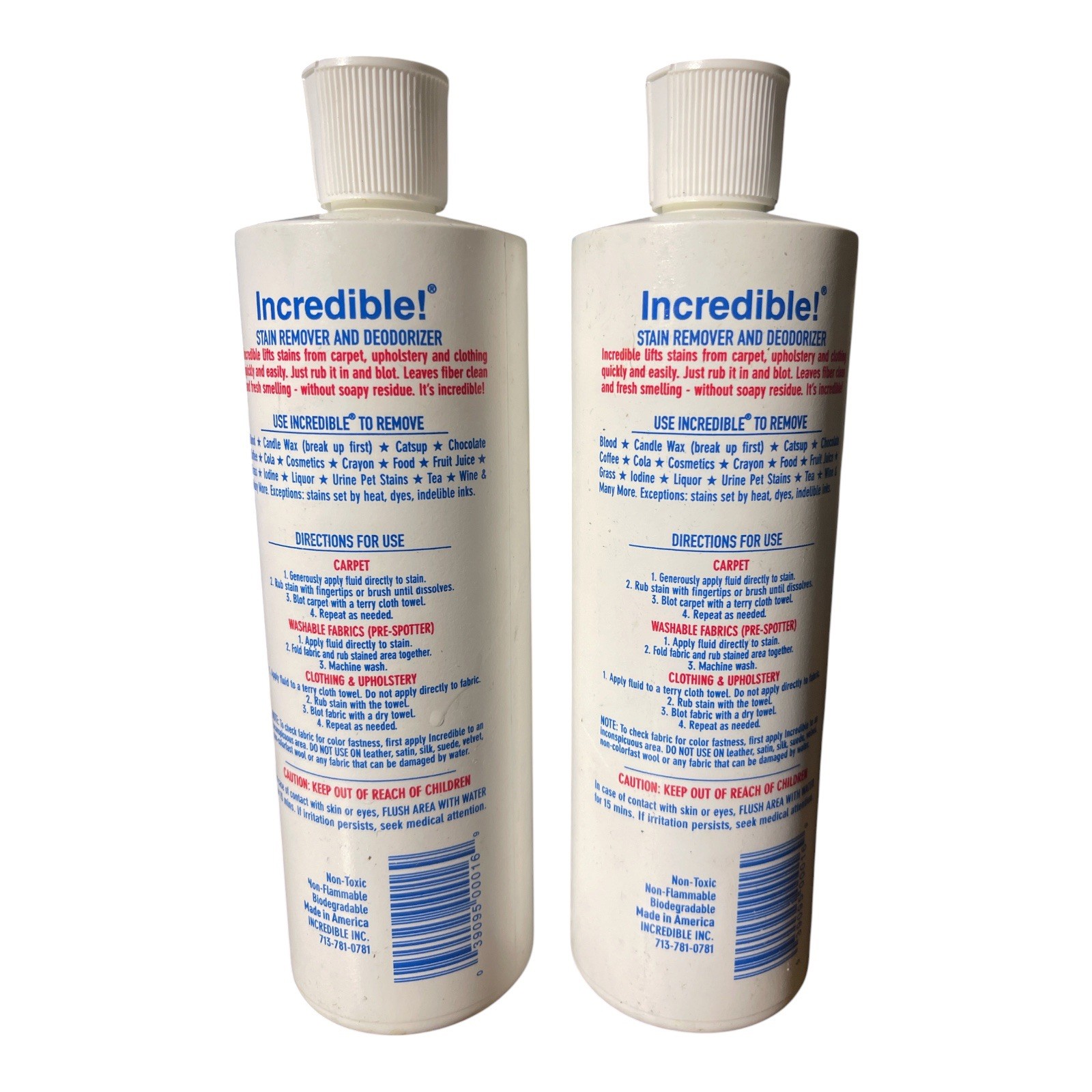 Incredible! Carpet Upholstery Stain Remover Cleaner Deodorizer 16oz 2-Pack