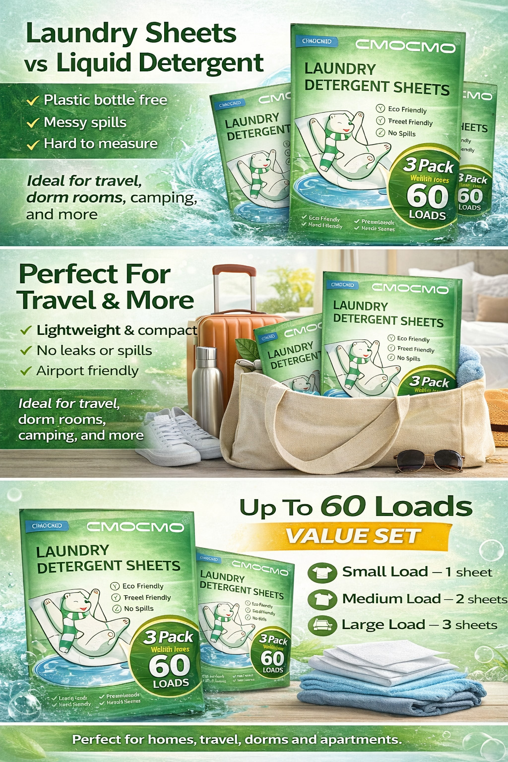 3 Pack Laundry Detergent Sheets Eco Friendly Quick Dissolve Travel Wash 60 Loads
