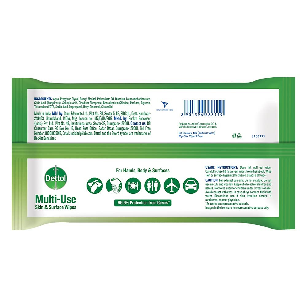 Dettol Germ Protection Wet Wipes 40 Count (Pack of 3) – Moisture-Lock Lid