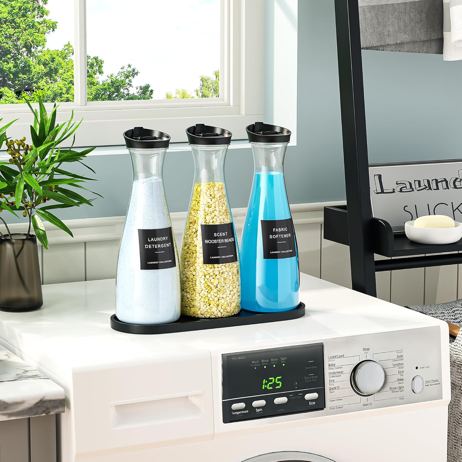 3 Pack Dispensador Detergente Líquido 1.6L con Bandeja y 12 Etiquetas Lavandería