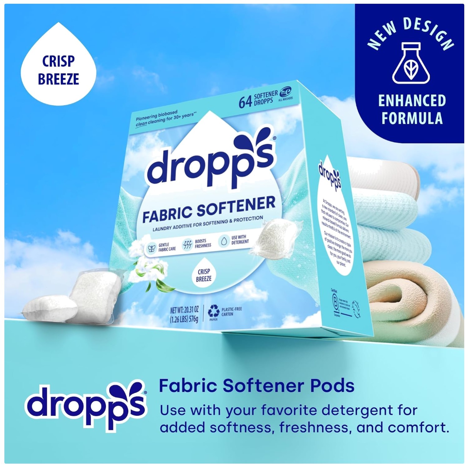 Soft & Fluffy Laundry Softener Pods – 64 ct Crisp Breeze