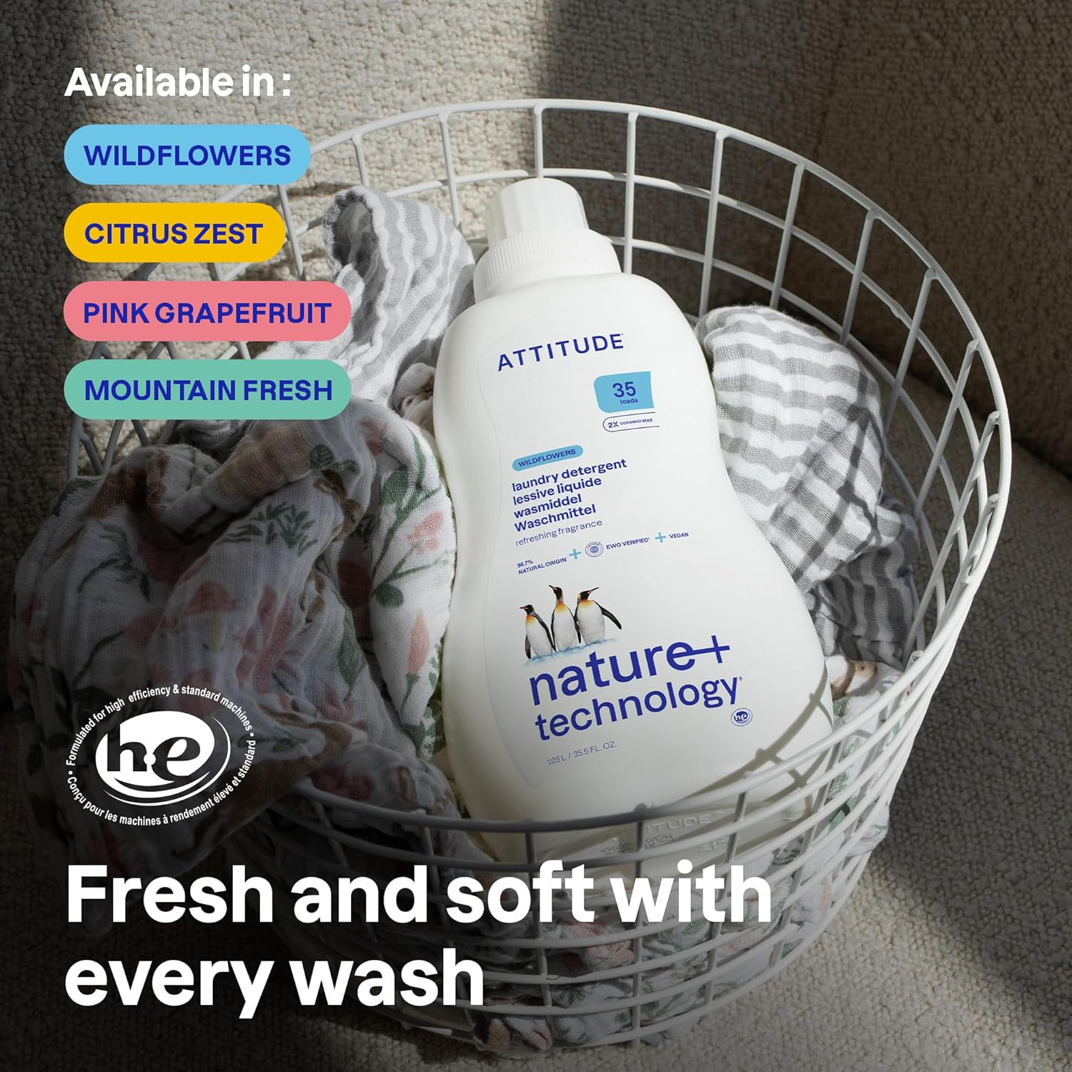 ATTITUDE Liquid Laundry Detergent, EWG Verified, HE Compatible, Plant-Based & Ve