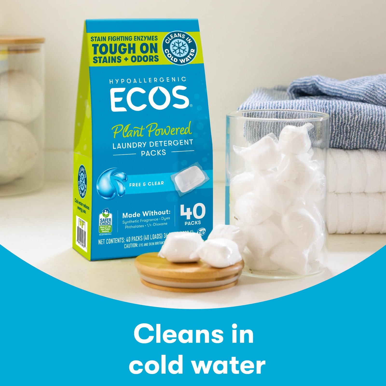 ECOS Laundry Detergent Packs 80 Loads Hypoallergenic Plant Powered Zero Waste