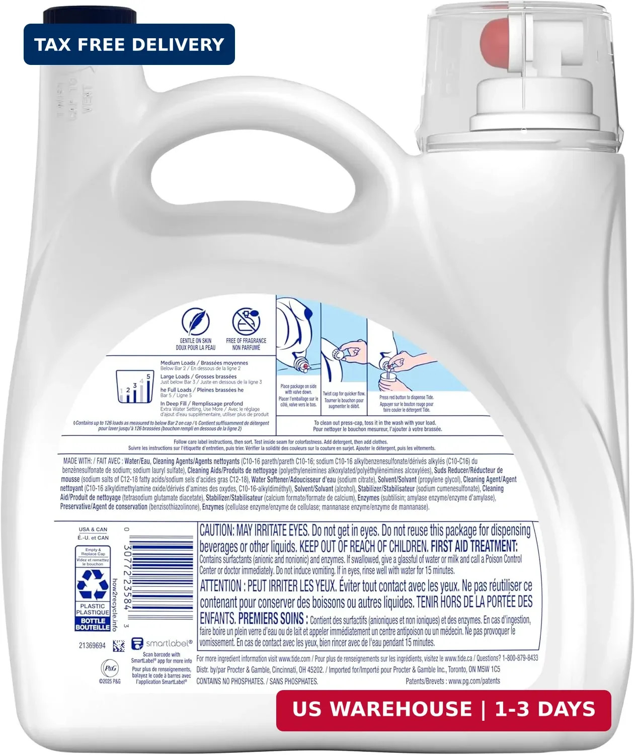 Tide Free & Gentle Liquid Laundry Detergent, 126 Loads, 166 fl oz, Tide Laundry