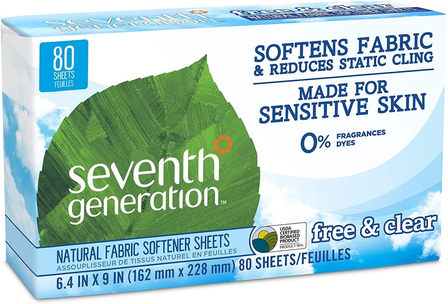Seventh Generation Natural Fabric Softener Sheets Free and Clear, 80 Sheets