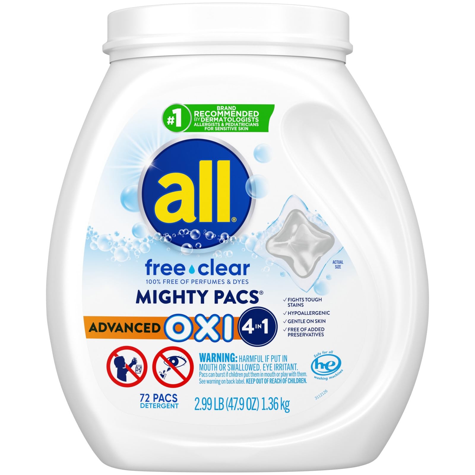 all Unit Dose Laundry Detergent, Mighty Pacs, Free Clear, OXI, 72 Count