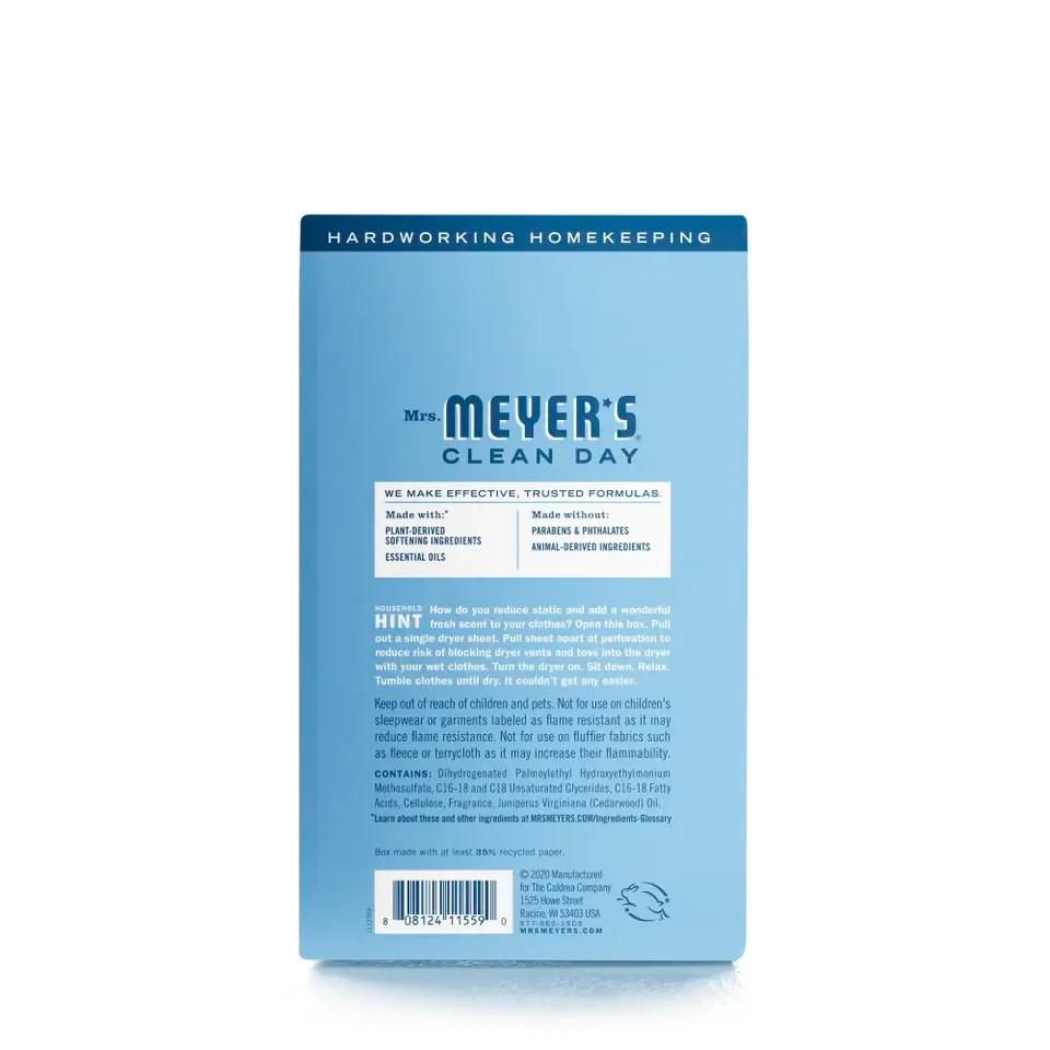 Mrs. Meyer’s Clean Day Dryer Sheets 80 Ct – Rain Water Scent, Plant-Based