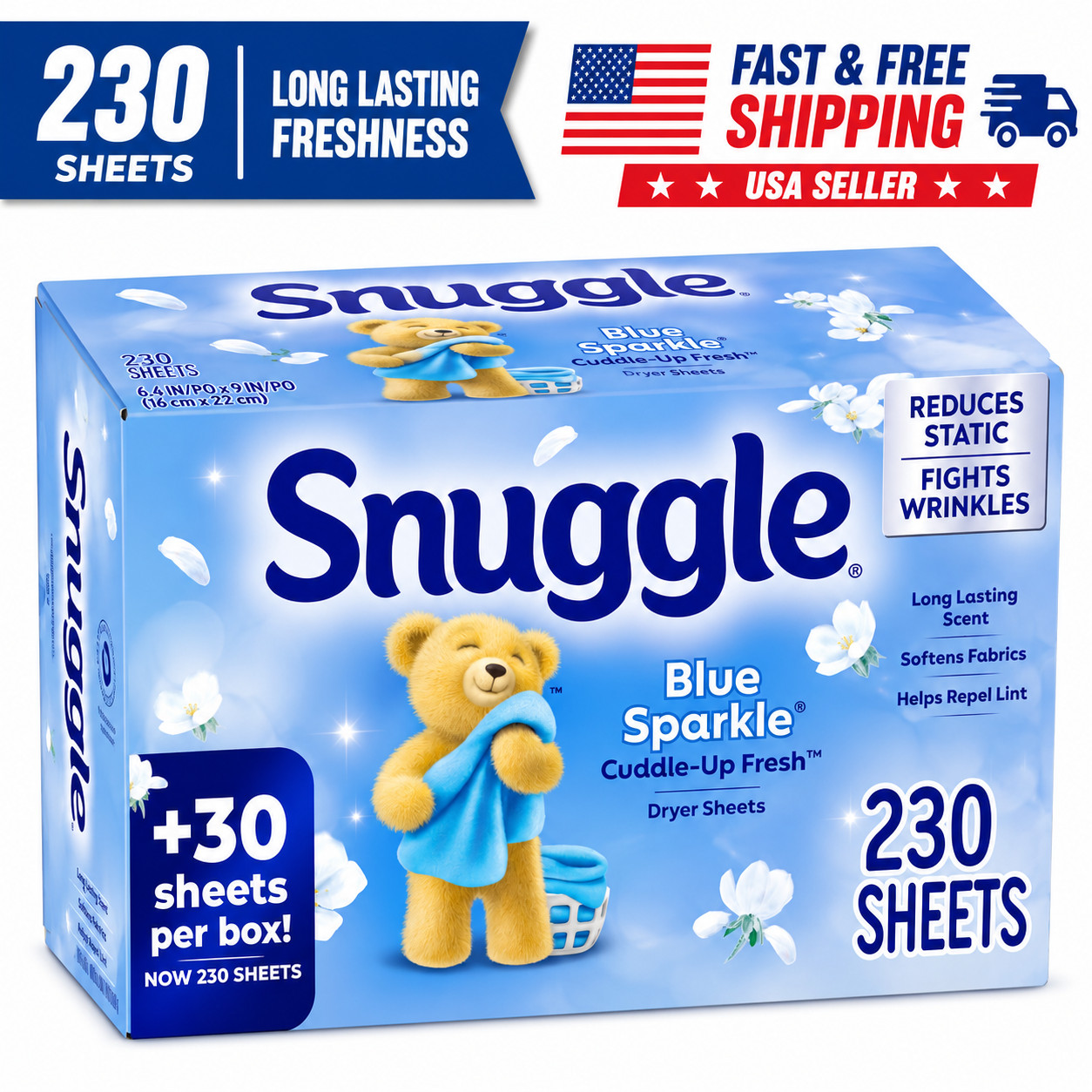 Snuggle Blue Sparkle Dryer Sheets 230 Count Fabric Softener Laundry Fresh Scent