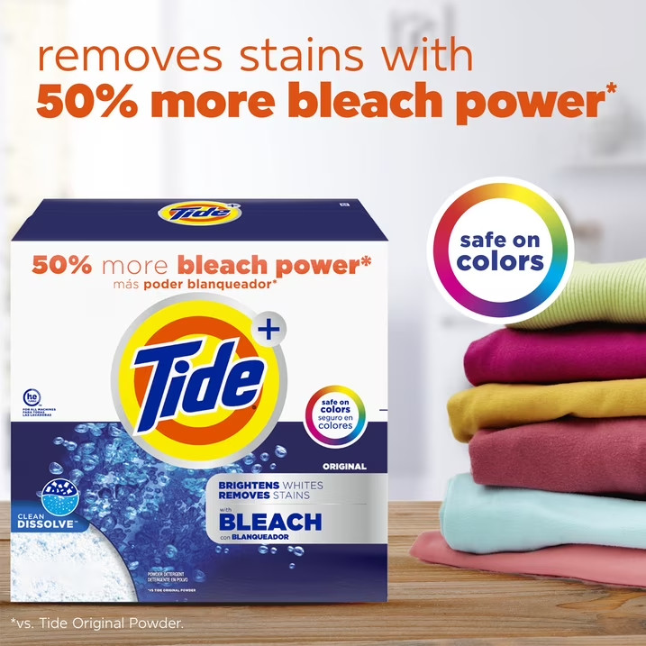 Tide Plus Bleach Powder Laundry Detergent, Original Scent, 129 oz, 89 Loads