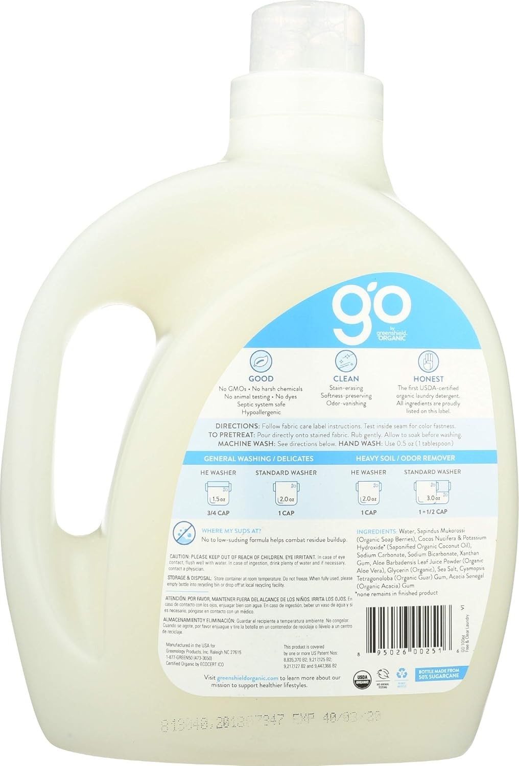 GreenShield Organic Certified Organic Laundry Detergent, Free and Clear 100 OZ