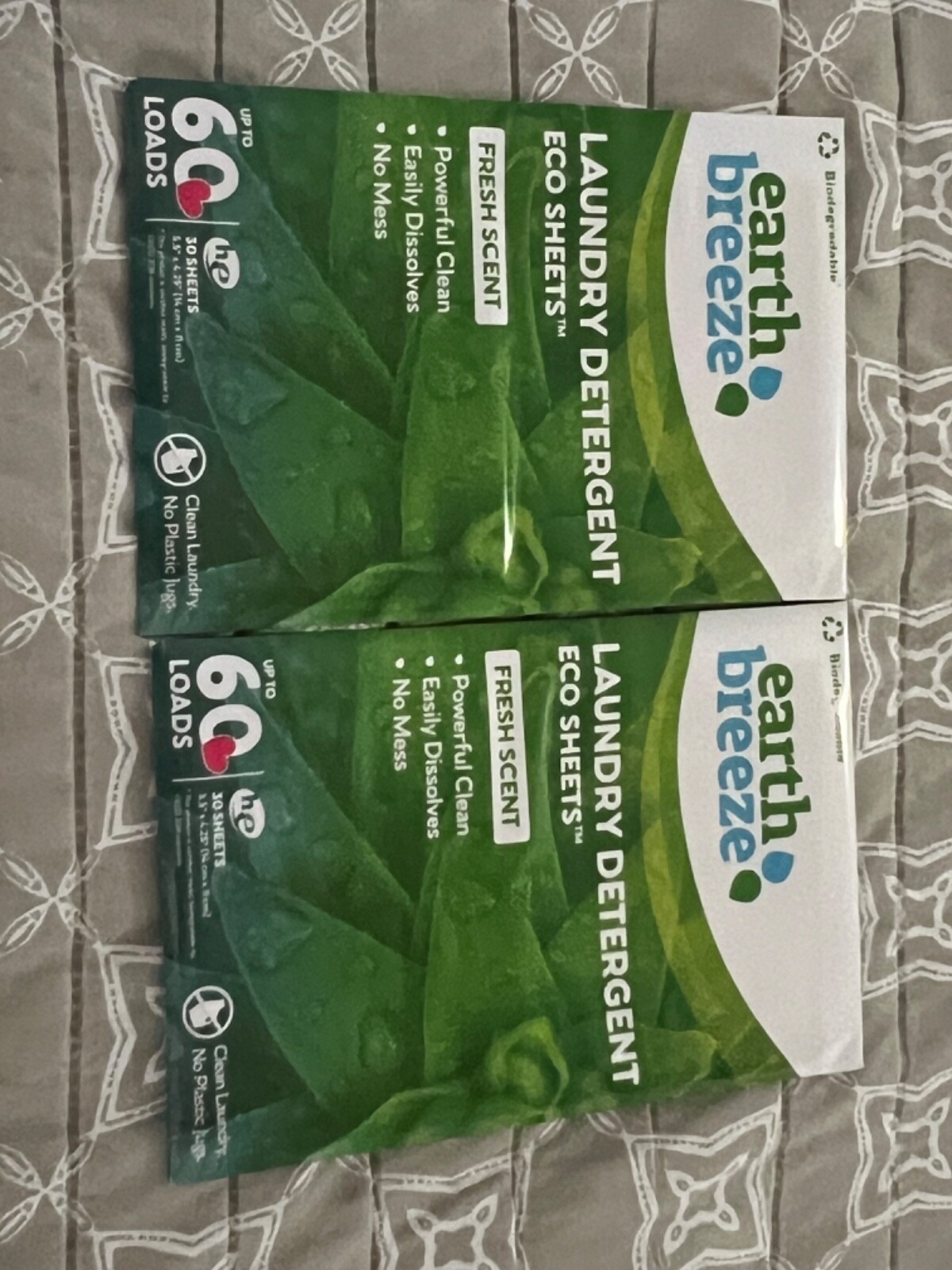 Earth Breeze Laundry Detergent Sheets FRESH SCENT LOT OF 2, 60 Loads Per Pack