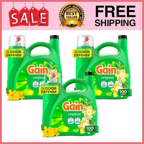 3 Pack Gain Laundry Detergent Liquid, w Odor Defense,Original Scent,132 fl oz Pk