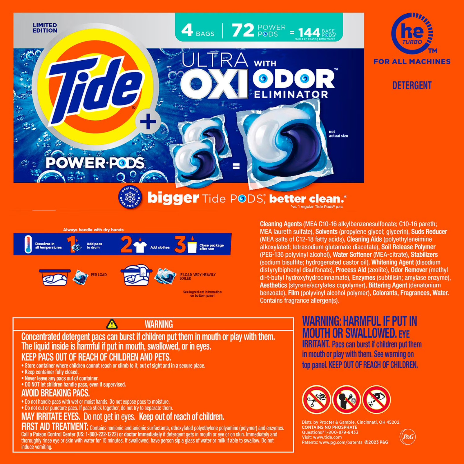 Tide Power Pods Ultra Oxi Odor Eliminator Laundry Detergent 72 Count 4 Bags HE