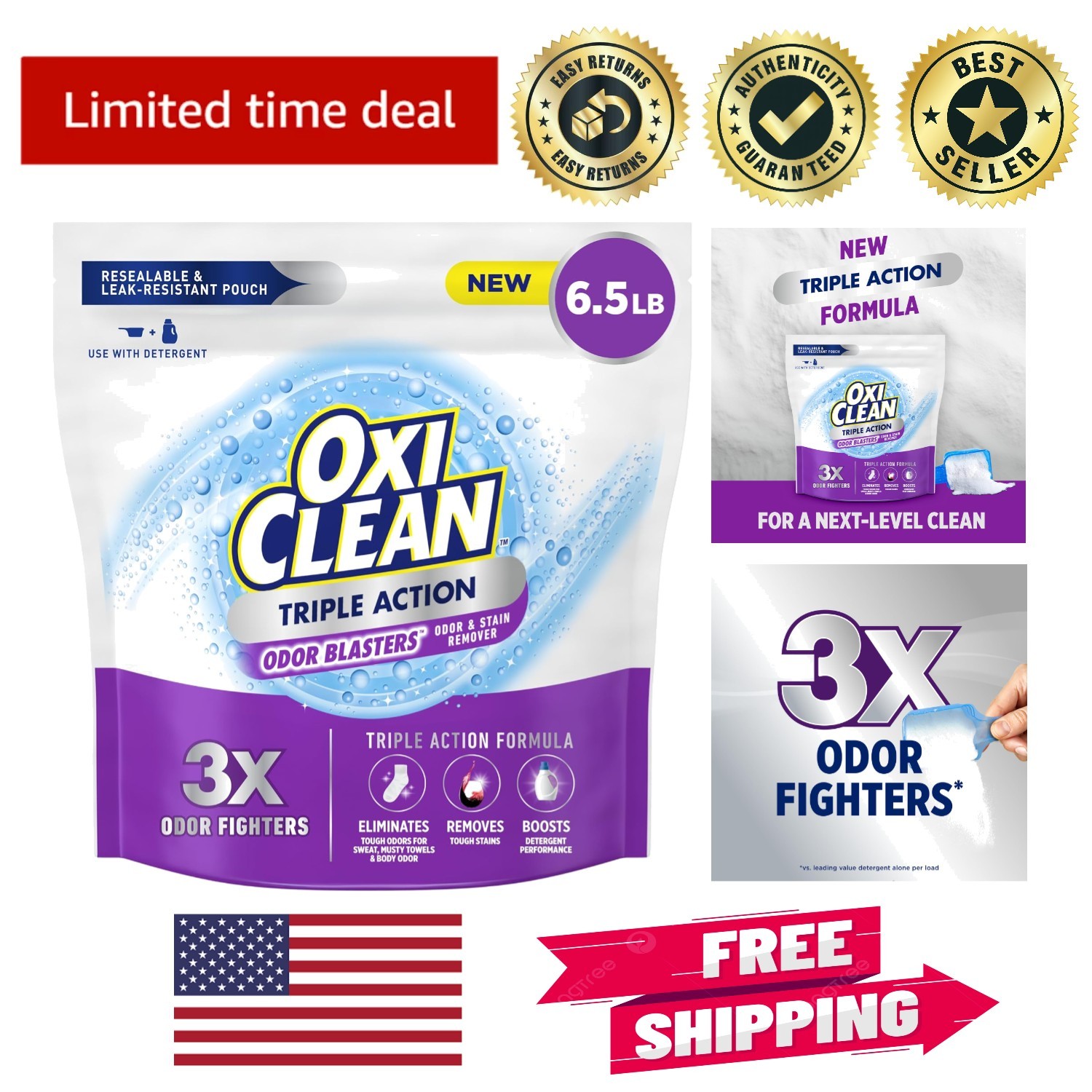 Powerful 3X Odor Fighters – Triple Action Stain Remover Powder, 6.5 lbs