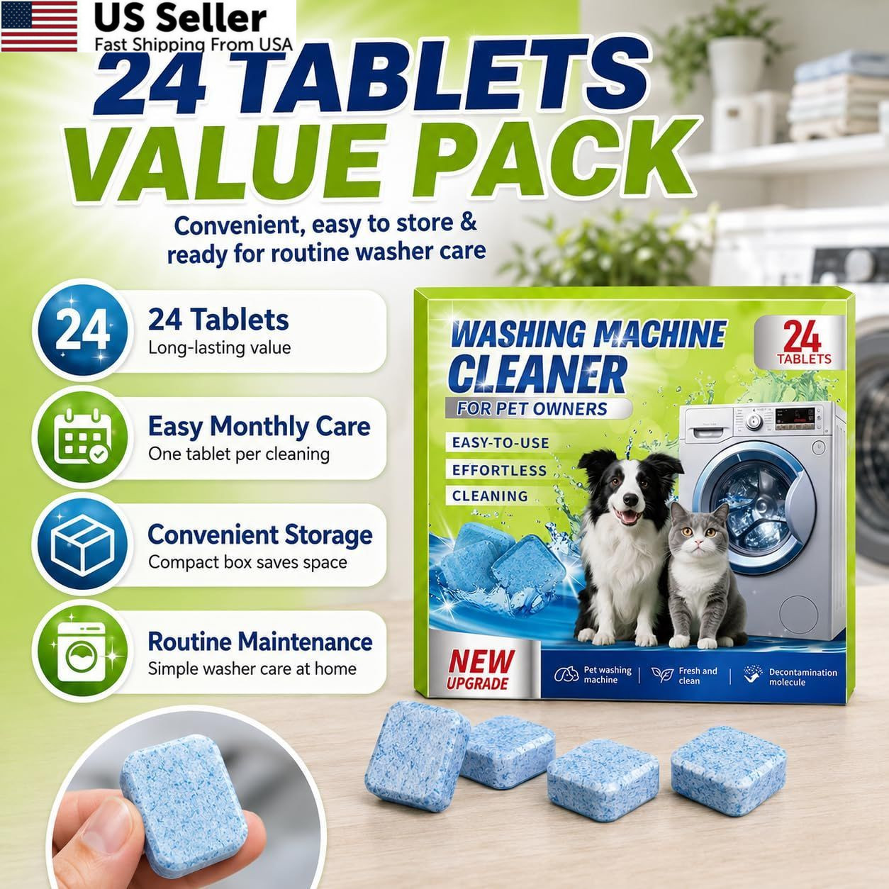 Enzyme Washing Machine Cleaner Tablets Pet Odor Hair Remover Front Top Load 24ct