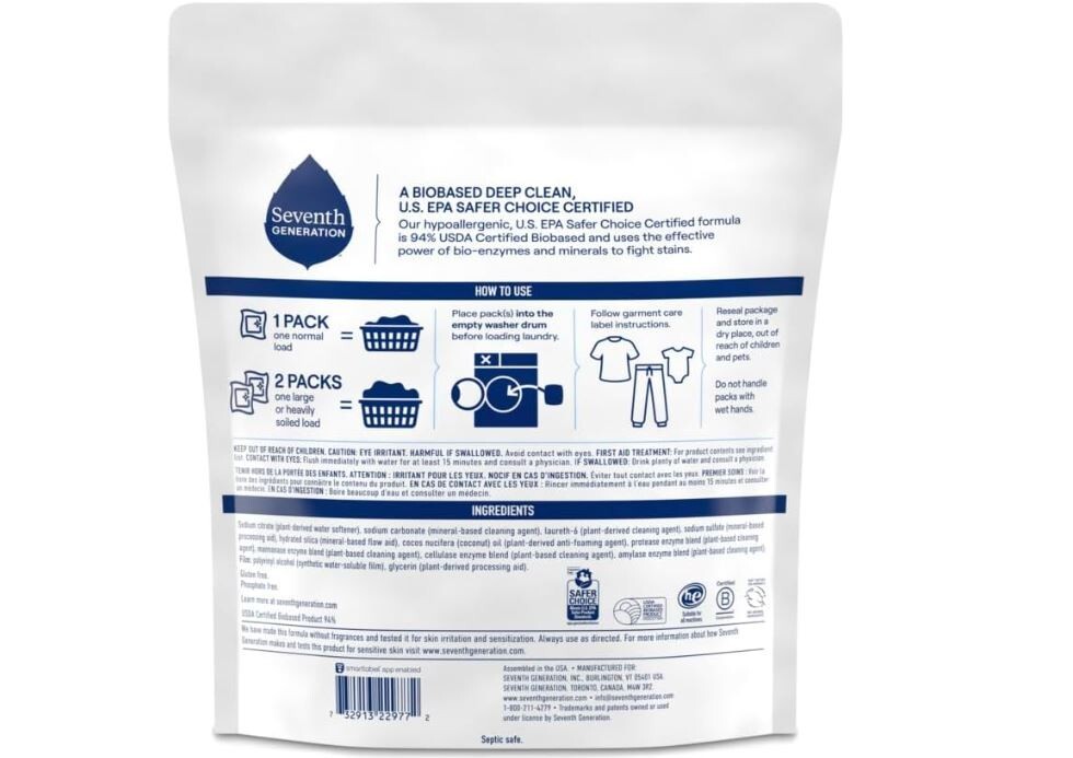 Seventh Generation Laundry Detergent Packs, Free & Clear, 90 Loads (2 pouches, 4
