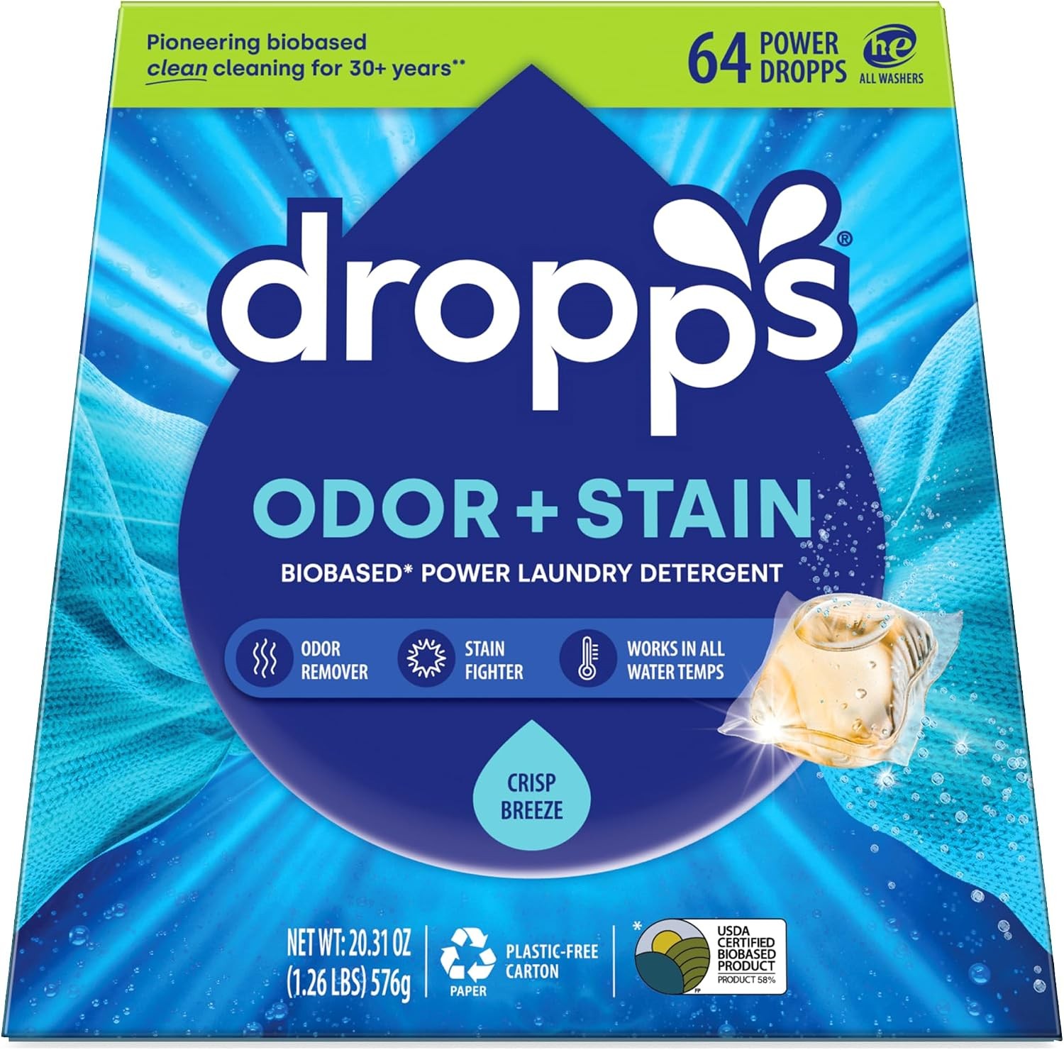 Dropps Odor & Stain Laundry Detergent Pods, Crisp Breeze, 64 Count