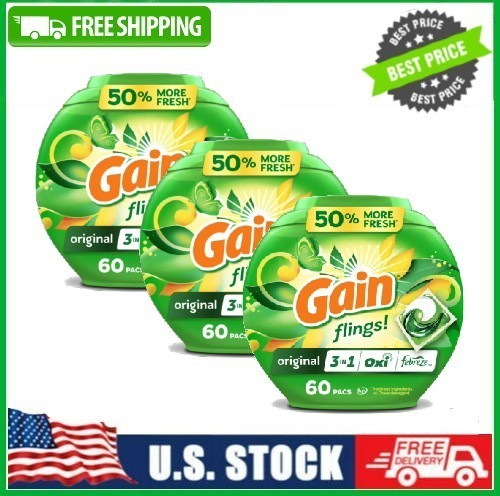 3 Pack Gain Fling Oxi Boost&Febreze Laundry Detergent Pac,Original Scent,60Ct Pk