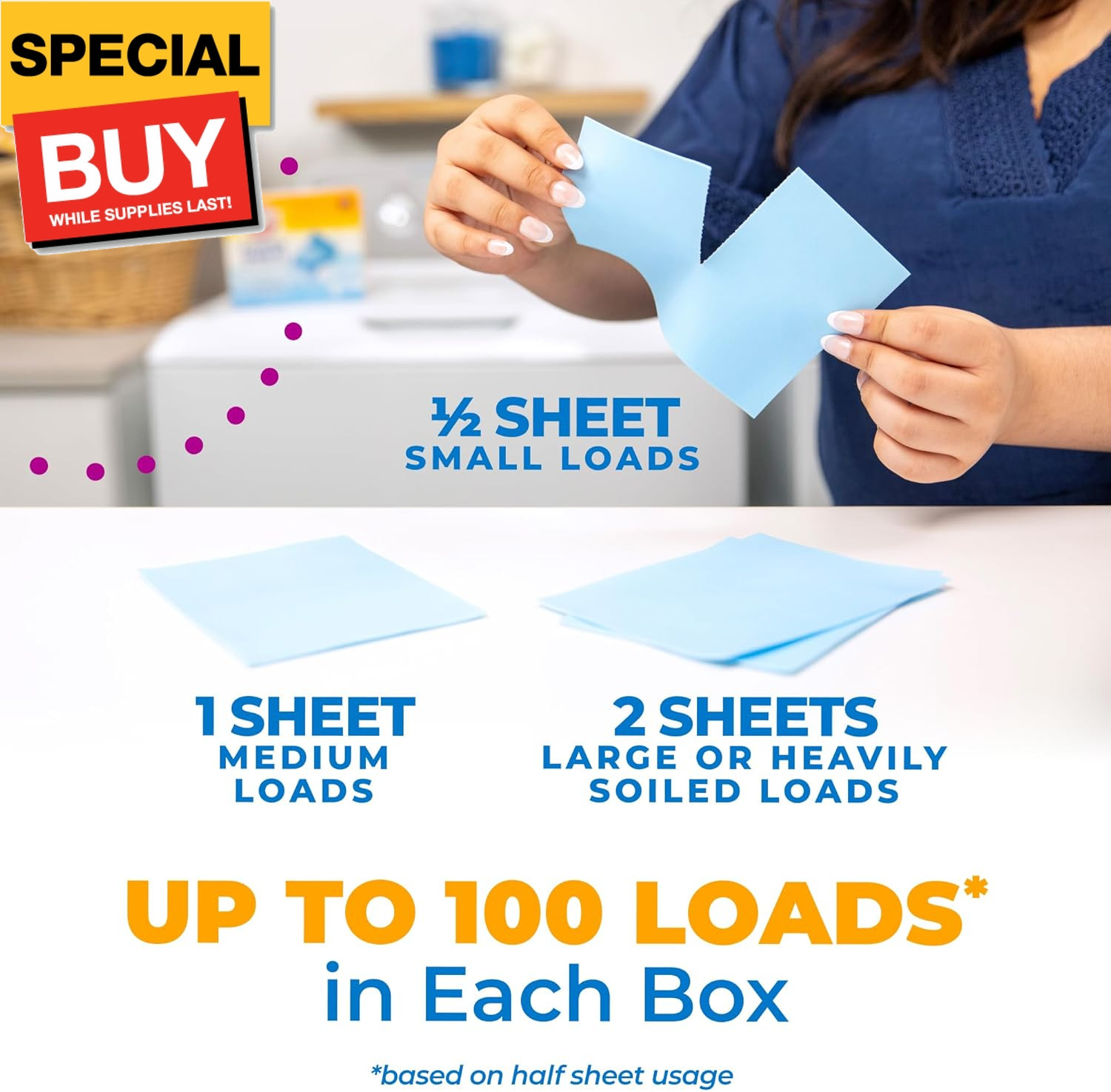 Power Sheets Laundry Detergent, Fresh Linen 50ct, up to 100 Small Loads (Packagi