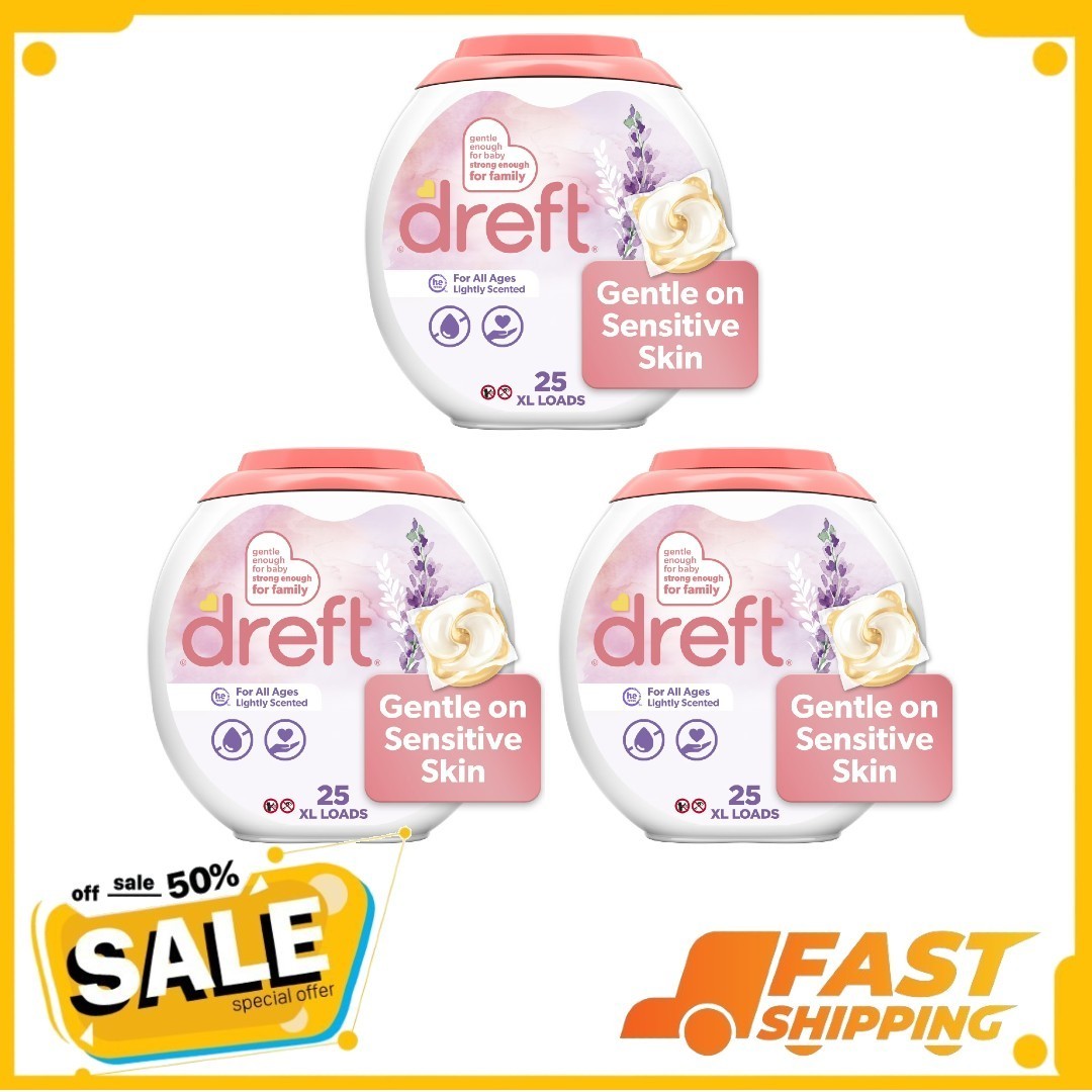 3 Pack Dreft Baby Laundry Detergent XL Pacs, Lightly Scented Lavender, 25 Count