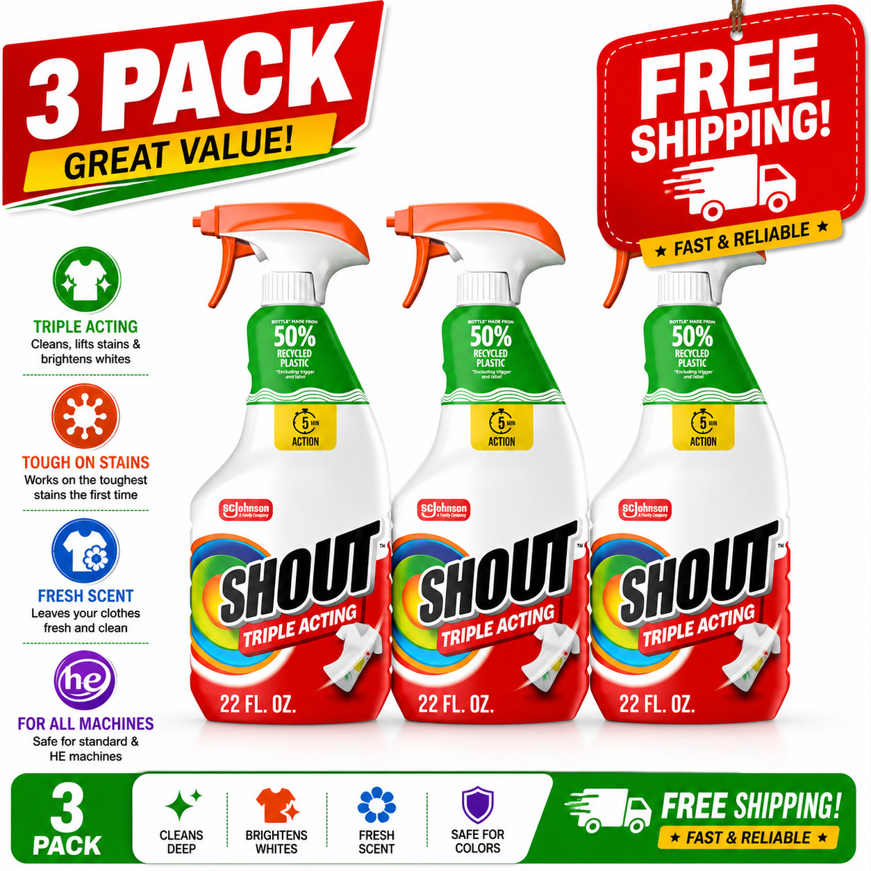 3 Pack Shout Active Enzyme Laundry Stain Remover Spray 22oz Triple Acting Prewas