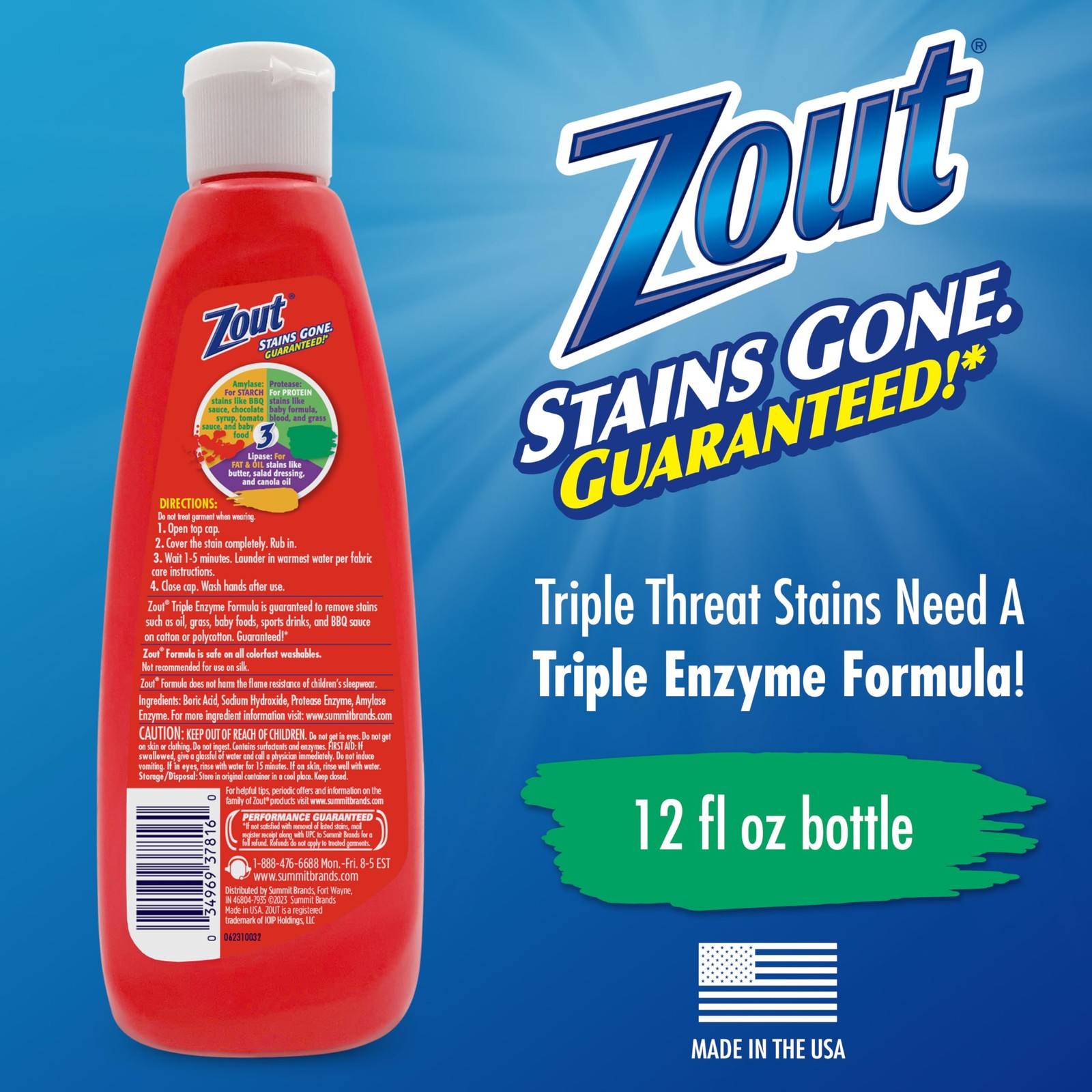 Zout Laundry Stain Remover, Triple Enzyme 12 Fl Oz (Pack of 1), No Color