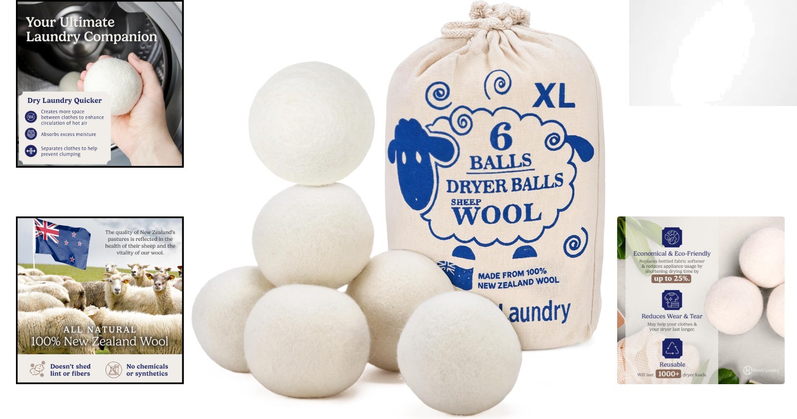 Eco-Friendly Wool Dryer Balls – Natural Fabric Softener, Pack of 6, Saves Time