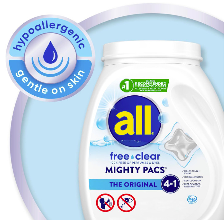 All Mighty Pacs Laundry Detergent Free Clear for Sensitive Skin Tub, 60 Count